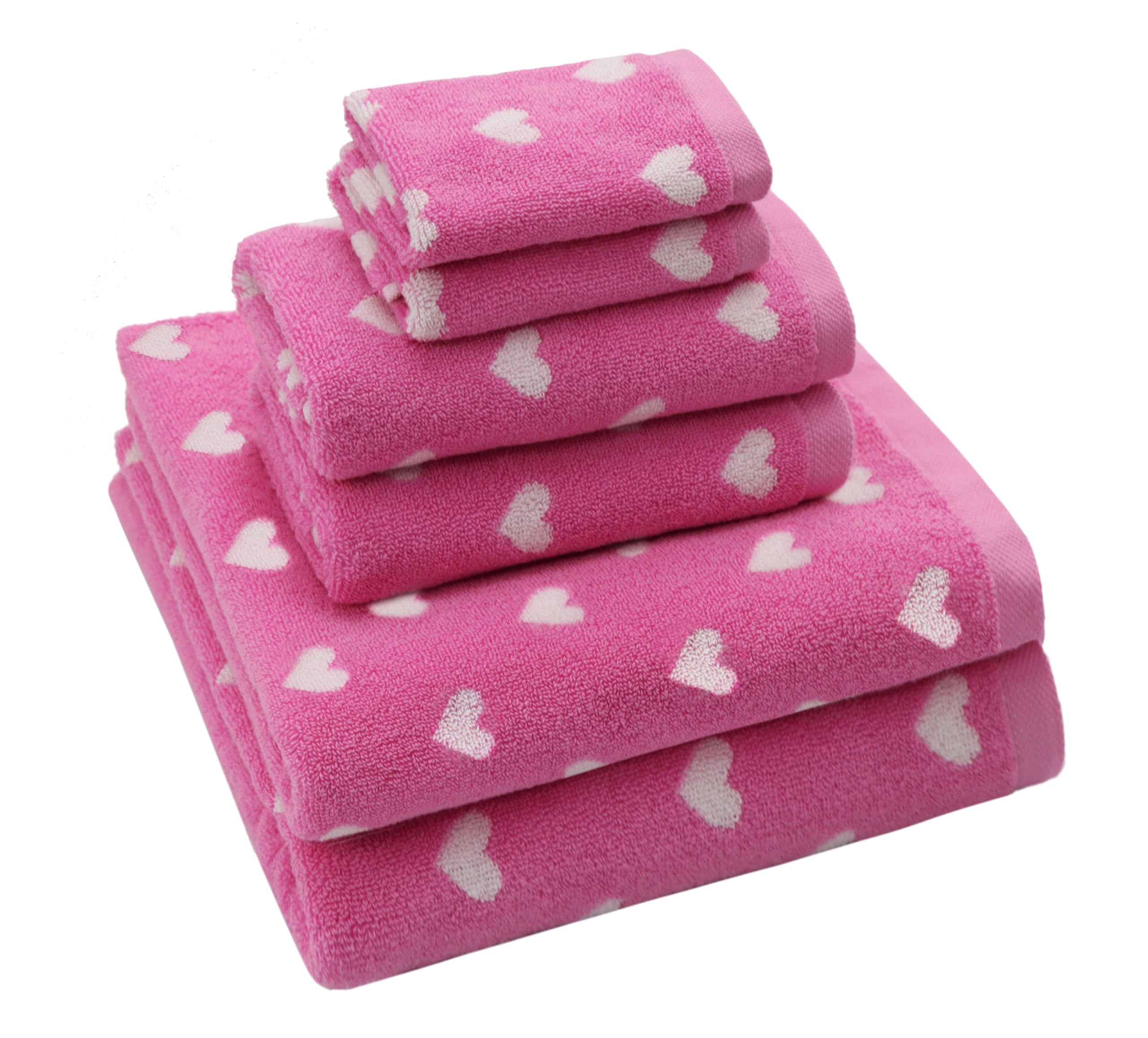 Original Kids heart towel set in pink and white for bath time, soft and absorbent.