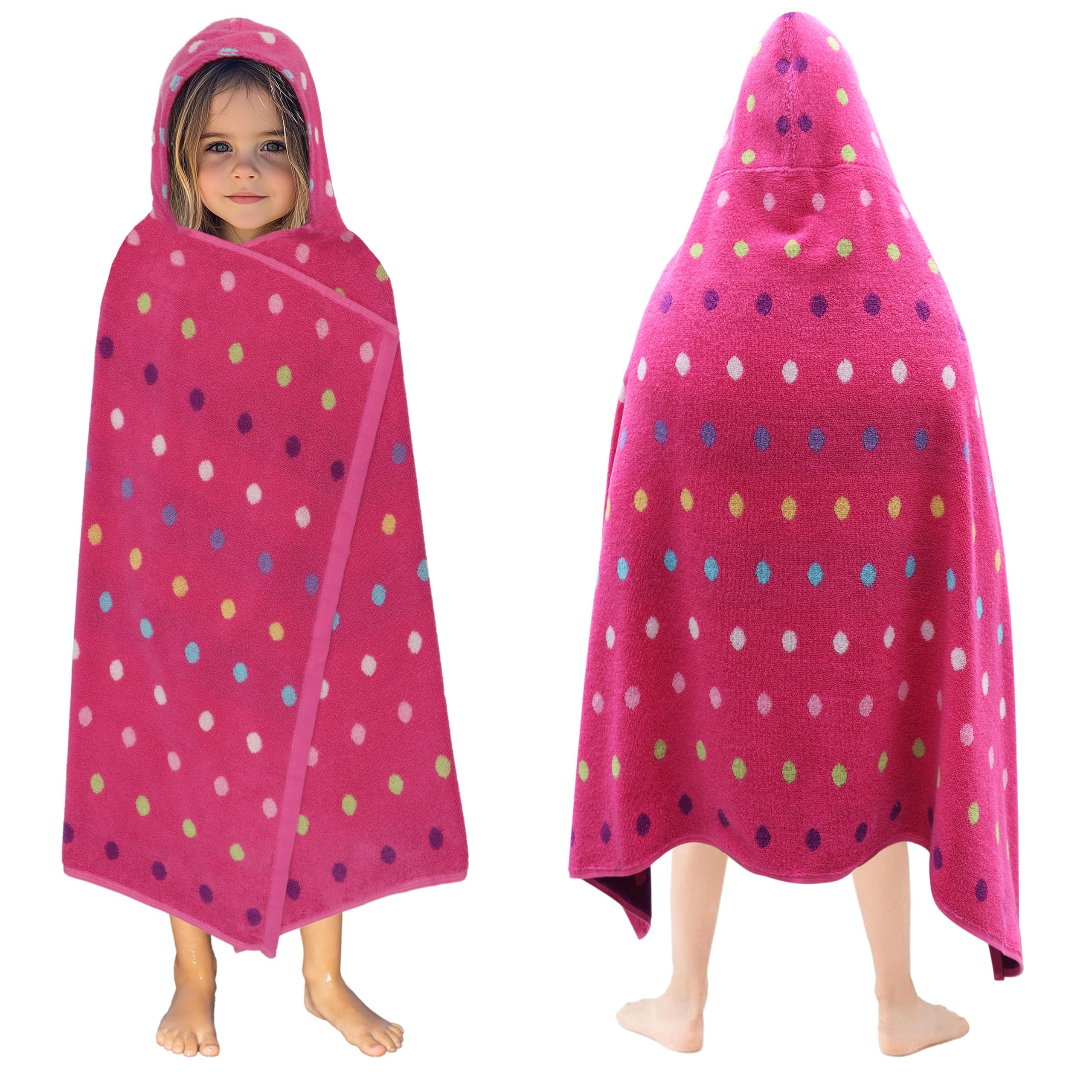 Original Kids hooded towel wrap front view with pink multicolor pattern for cozy post bath use