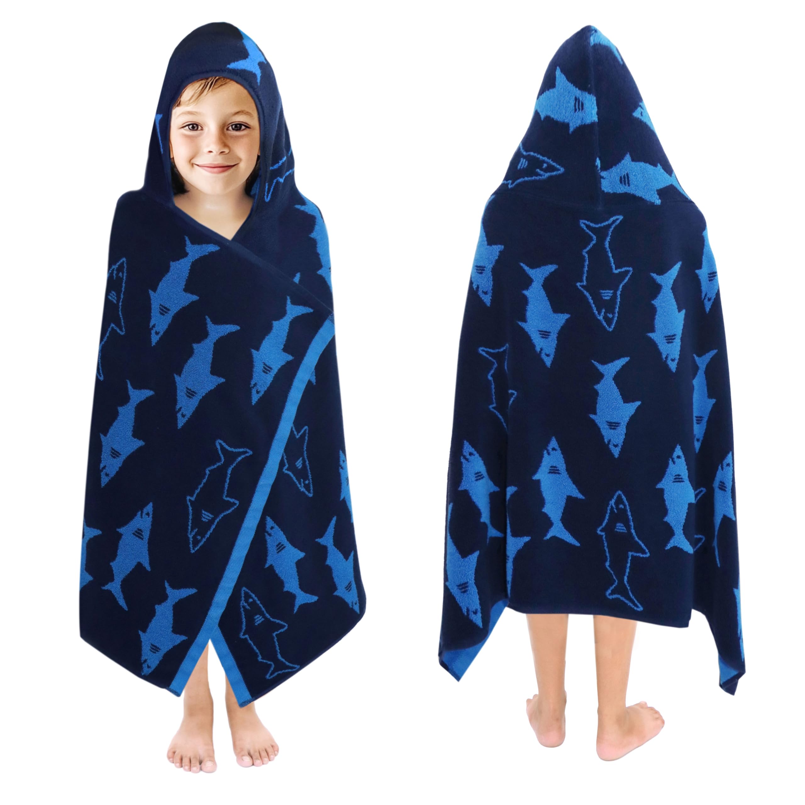 Original Kids Shark Attack hooded towel wrap in blue navy, cozy after bath.