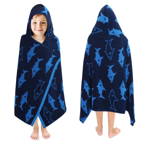 Original Kids Shark Attack hooded towel wrap in blue navy, cozy after bath.