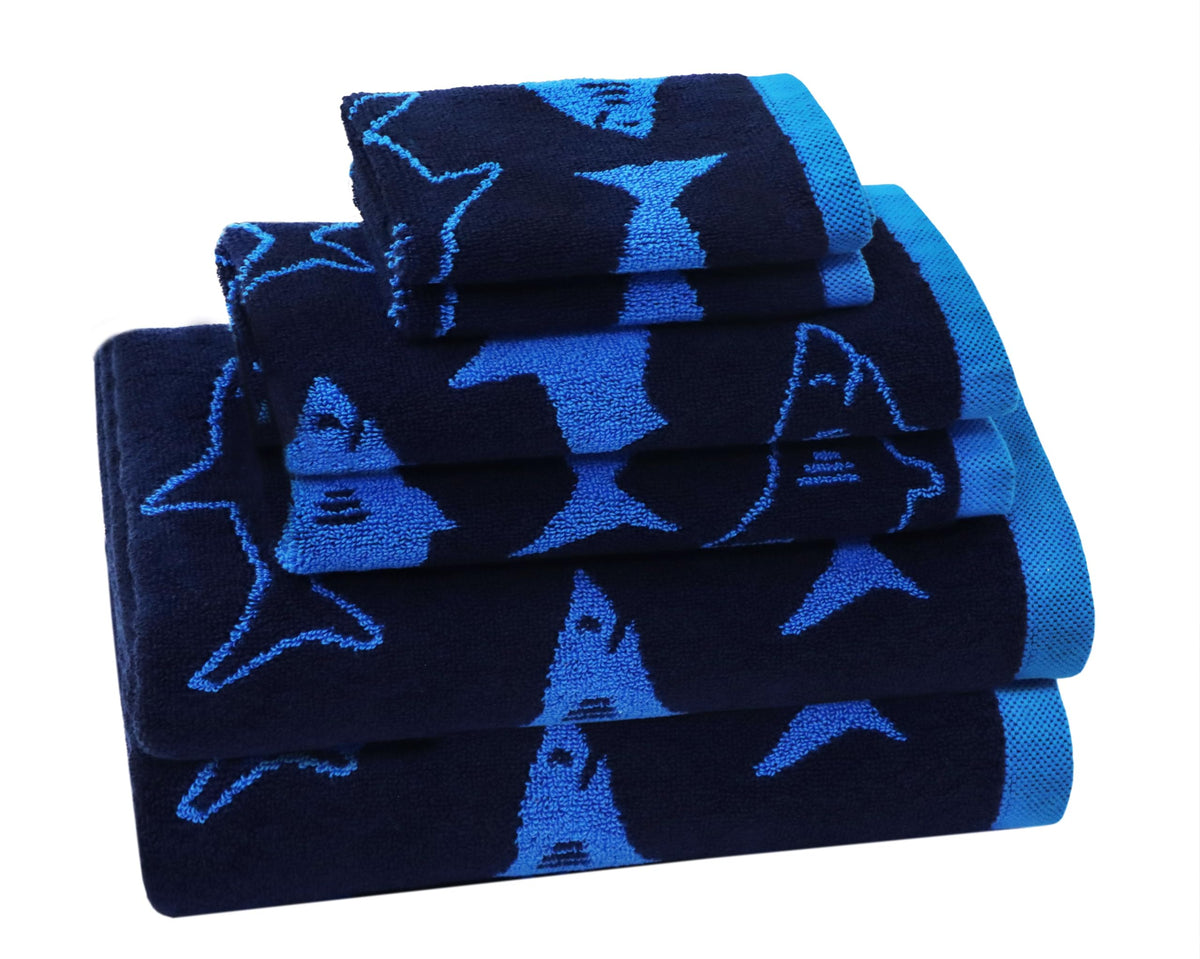 Original Kids shark bath towels close-up, soft jacquard texture for gentle bath time.