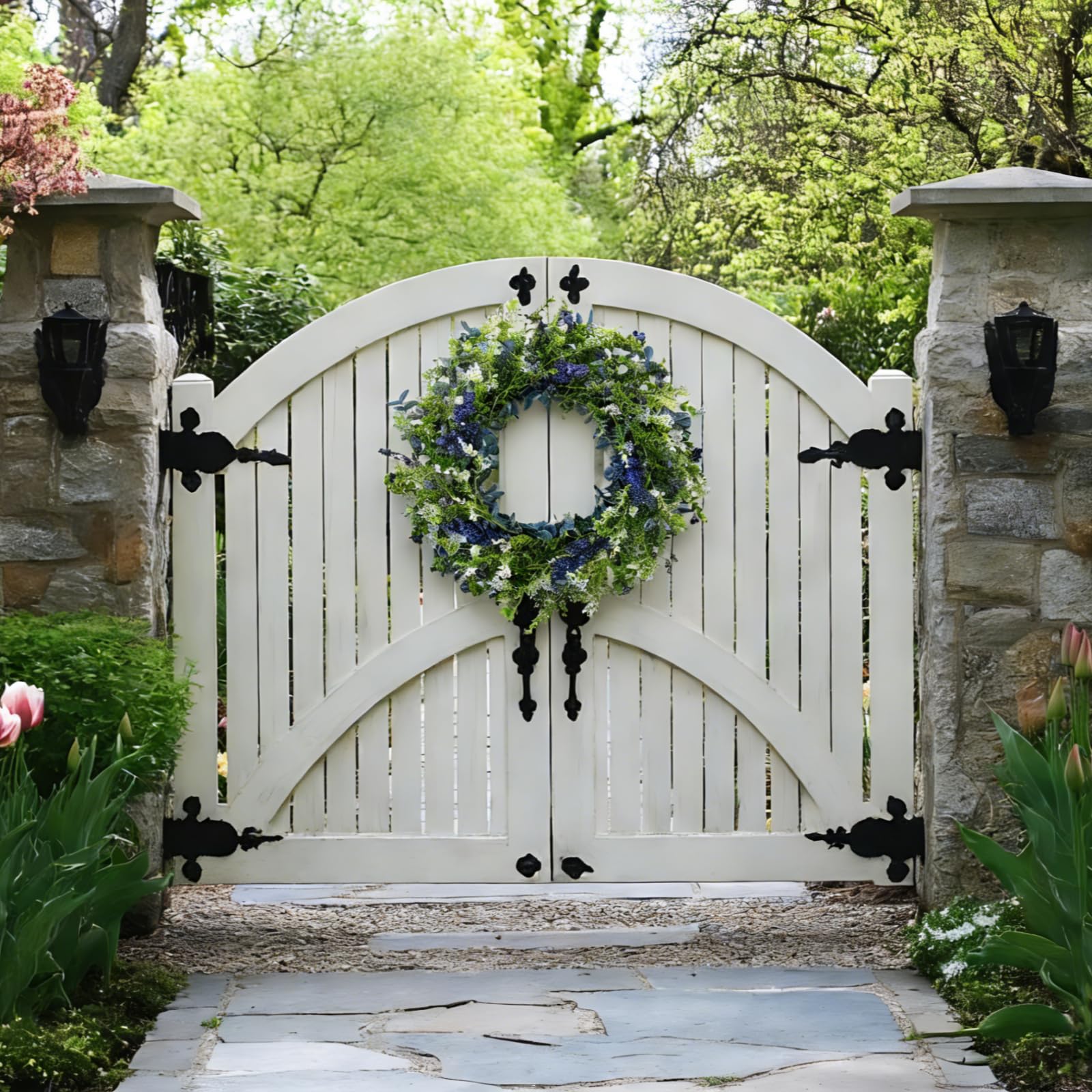 Orilium blue-berries-wheat-stalks wreath showcases vibrant color and texture for porch decor.