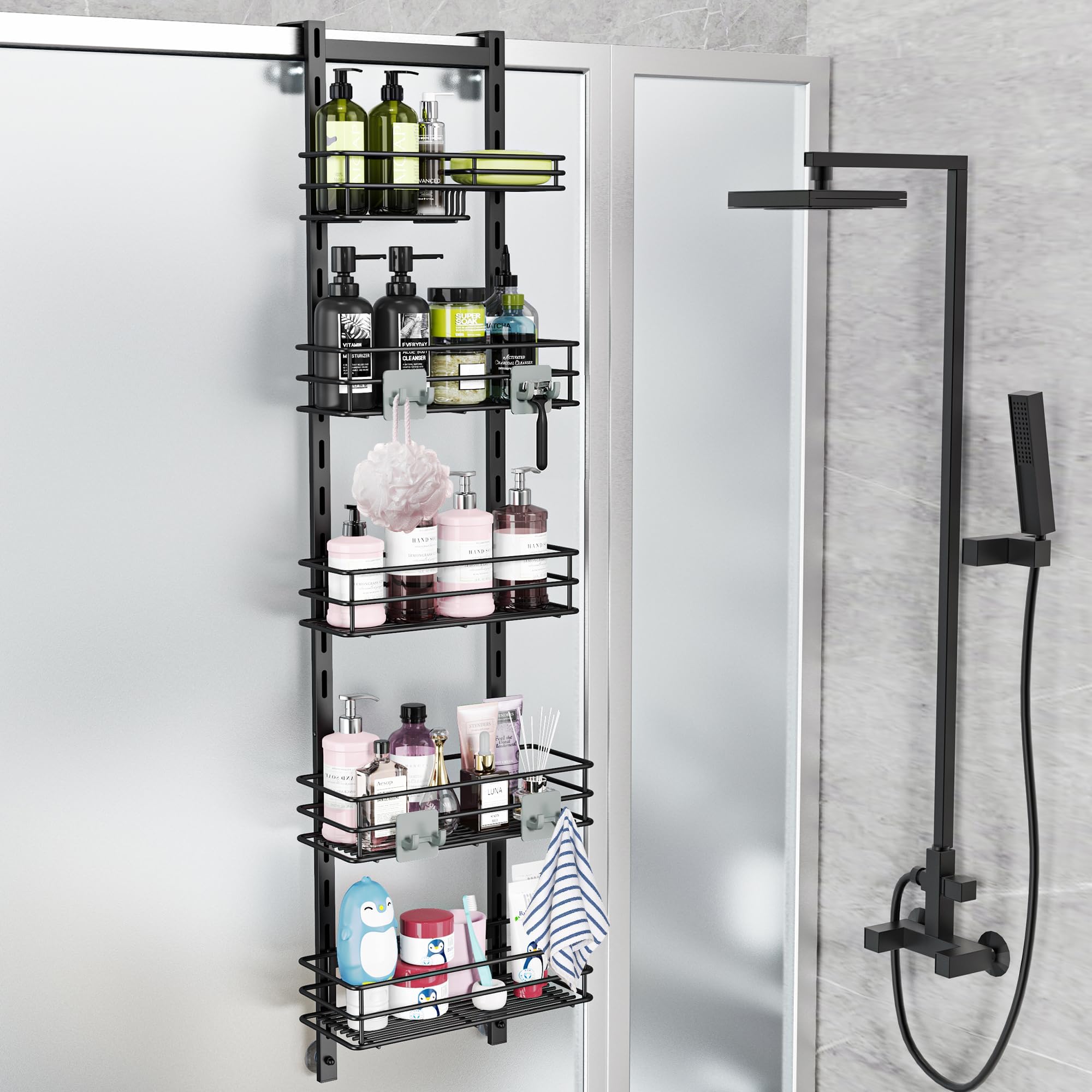 Orimade over-the-door shower caddy in black with five shelves for organized storage.