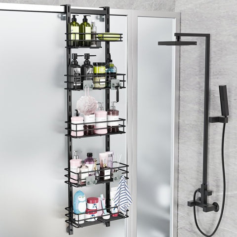 Orimade over-the-door shower caddy in black with five shelves for organized storage.