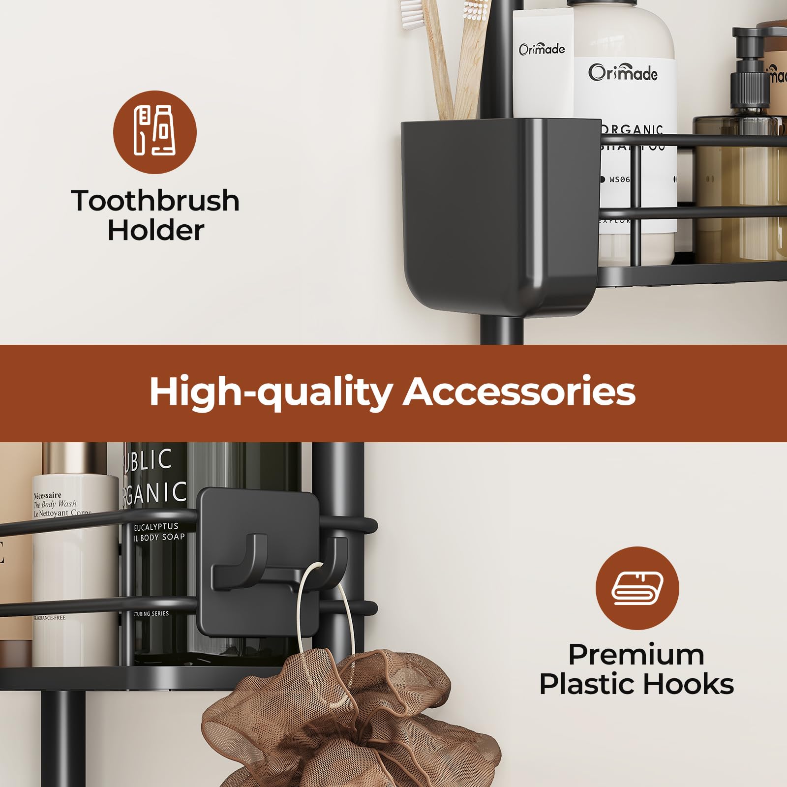 Orimade Caddy black finish adds sleek, space-saving bathroom organization.
