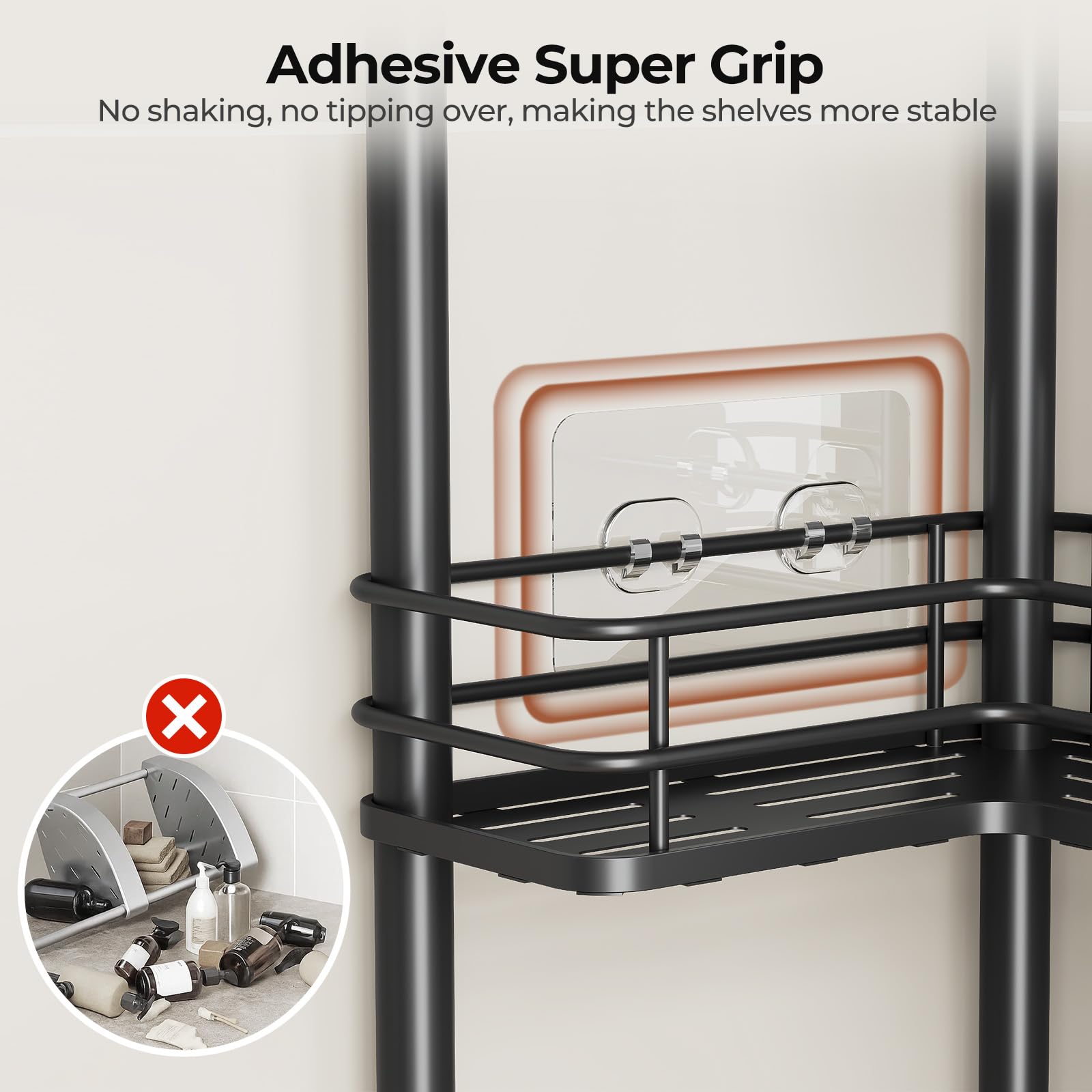 Orimade Rustproof Caddy large spacing accommodates tall bottles and bulky products.