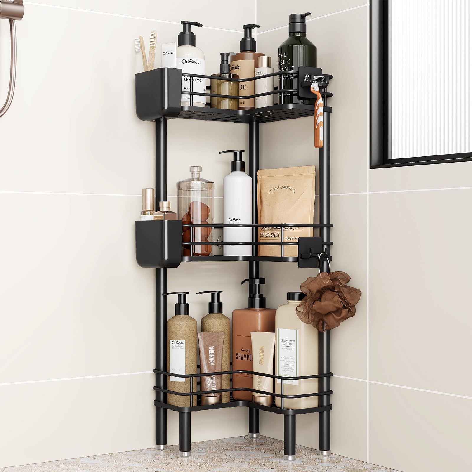 Orimade Rustproof 3-Tier Caddy side view shows space-saving corner storage for showers.