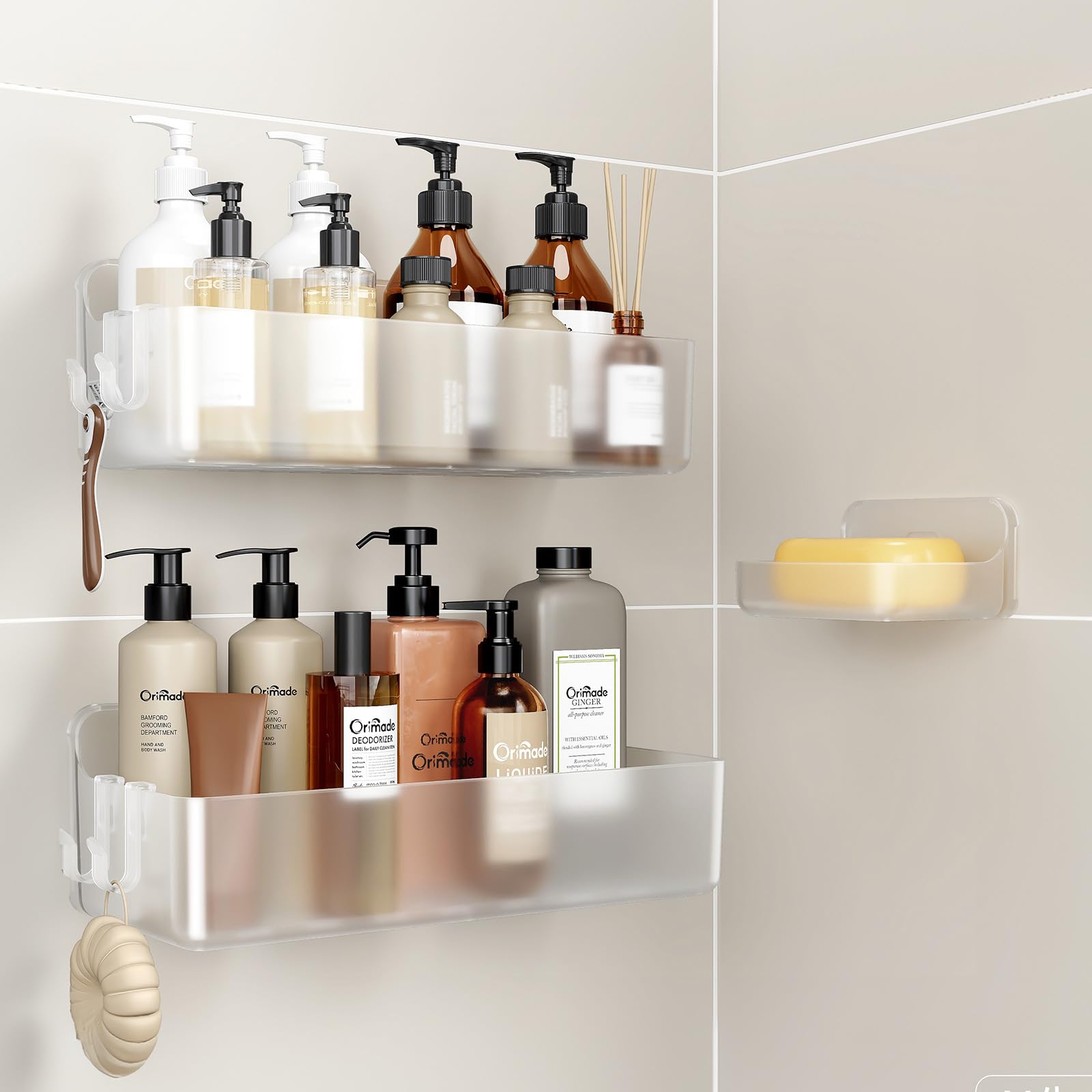 Orimade shower caddy 3-pack assembly view keeping bathroom storage organized.
