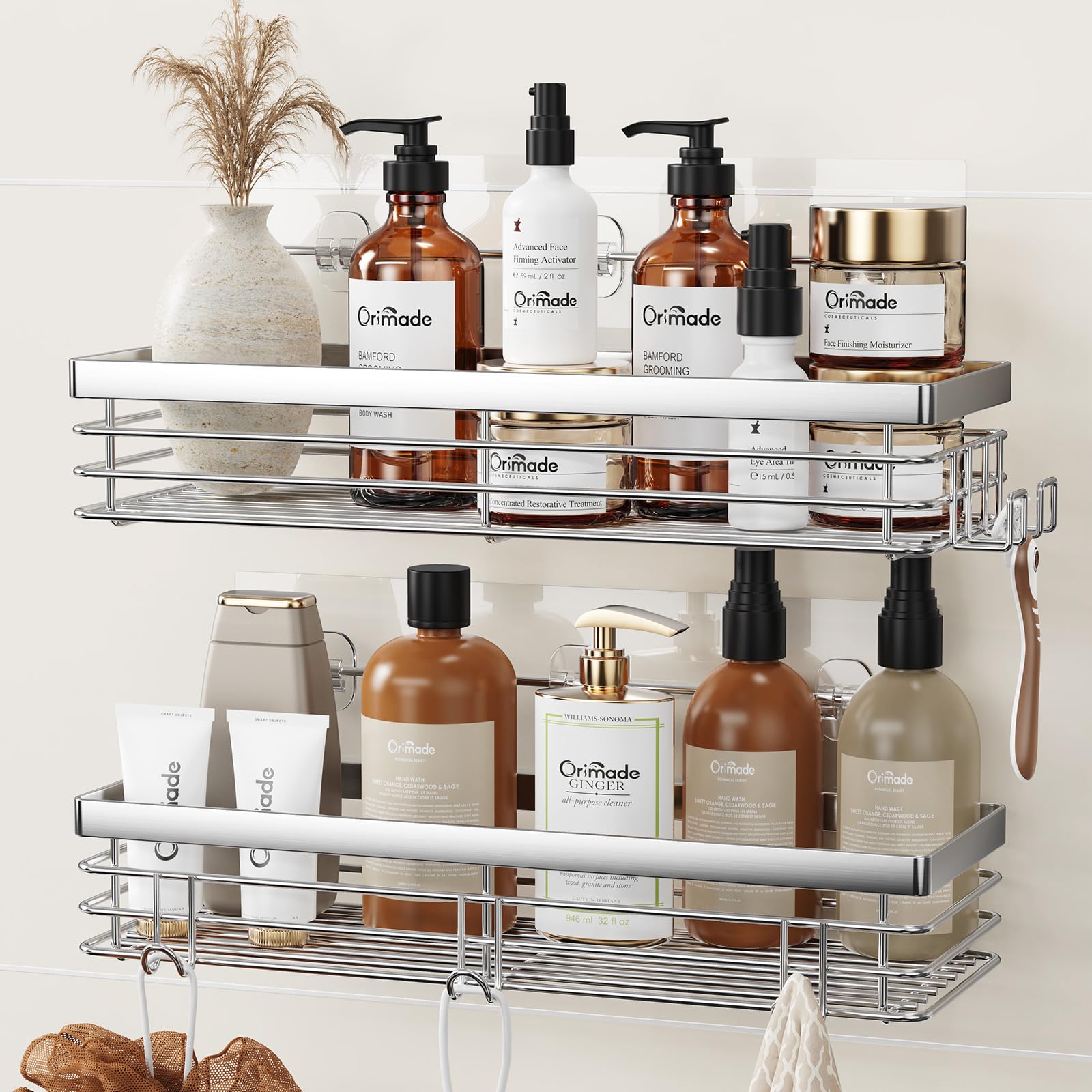 Orimade shower caddy with five hooks for organized bathroom storage.