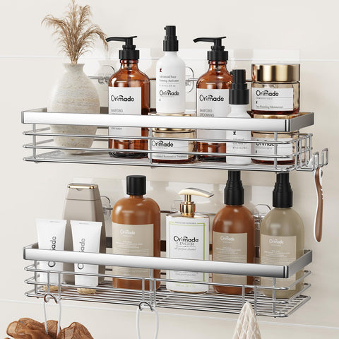Orimade shower caddy with five hooks for organized bathroom storage.