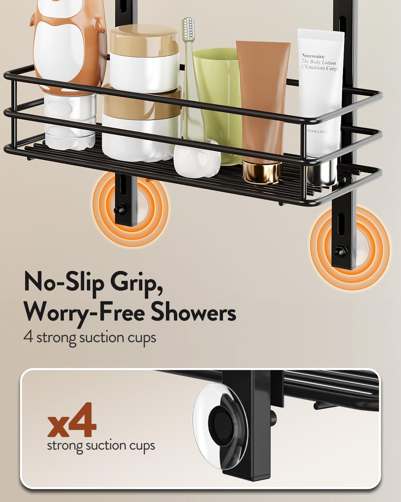 Spacious design accommodates multiple bottles and bath essentials.