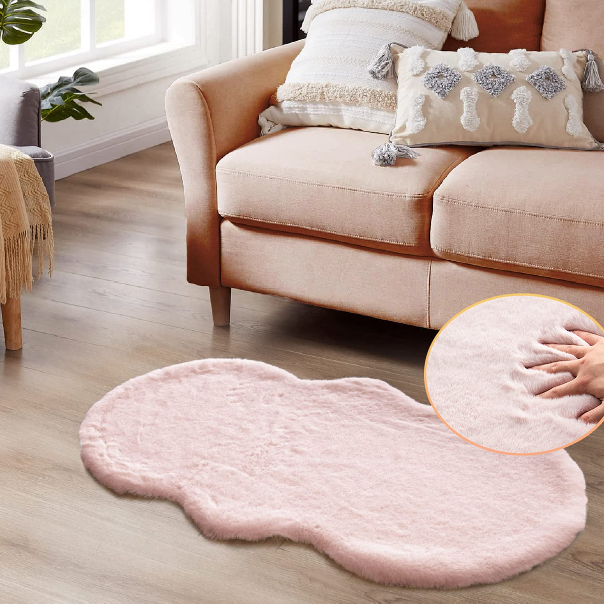 ORINOVA pink fuzzy rug close-up shows soft faux fur texture for cozy feet.