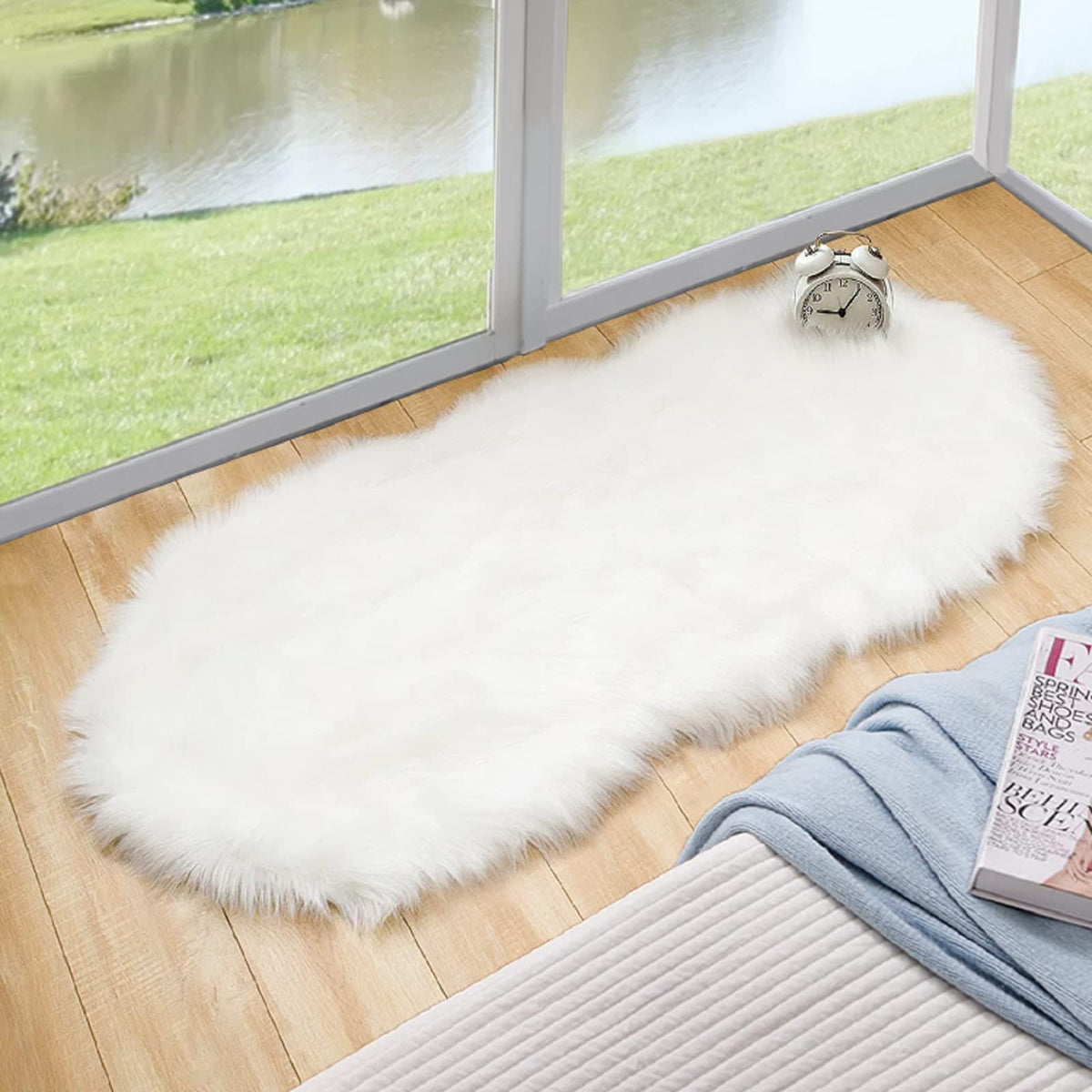 ORINOVA White Faux Sheepskin Rug front angle shows plush softness for cozy bedrooms