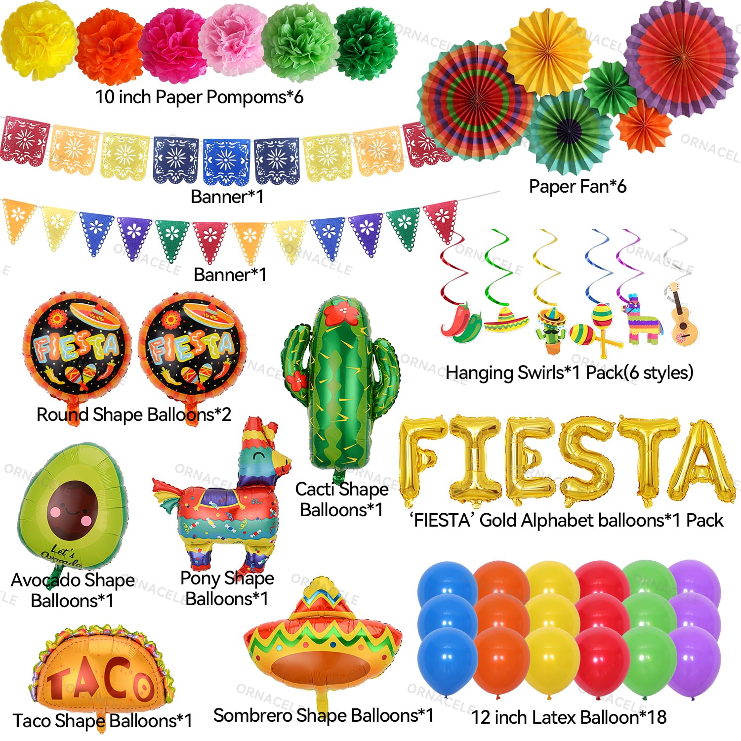 ORNACELE Fiesta alphabet foil balloons form the word FIESTA for bold wall decor