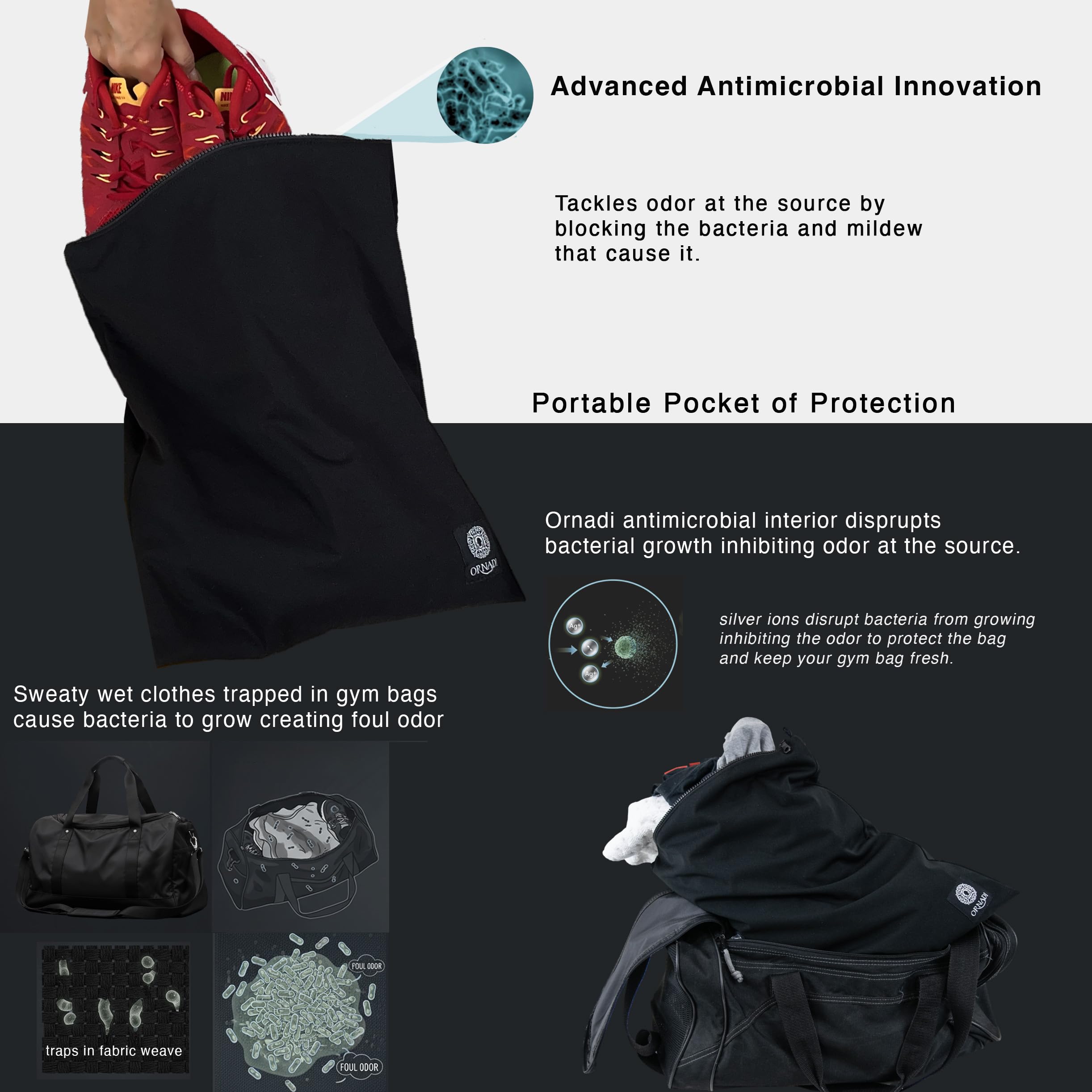 Ornadi bag interior with mesh pocket for organized damp gear