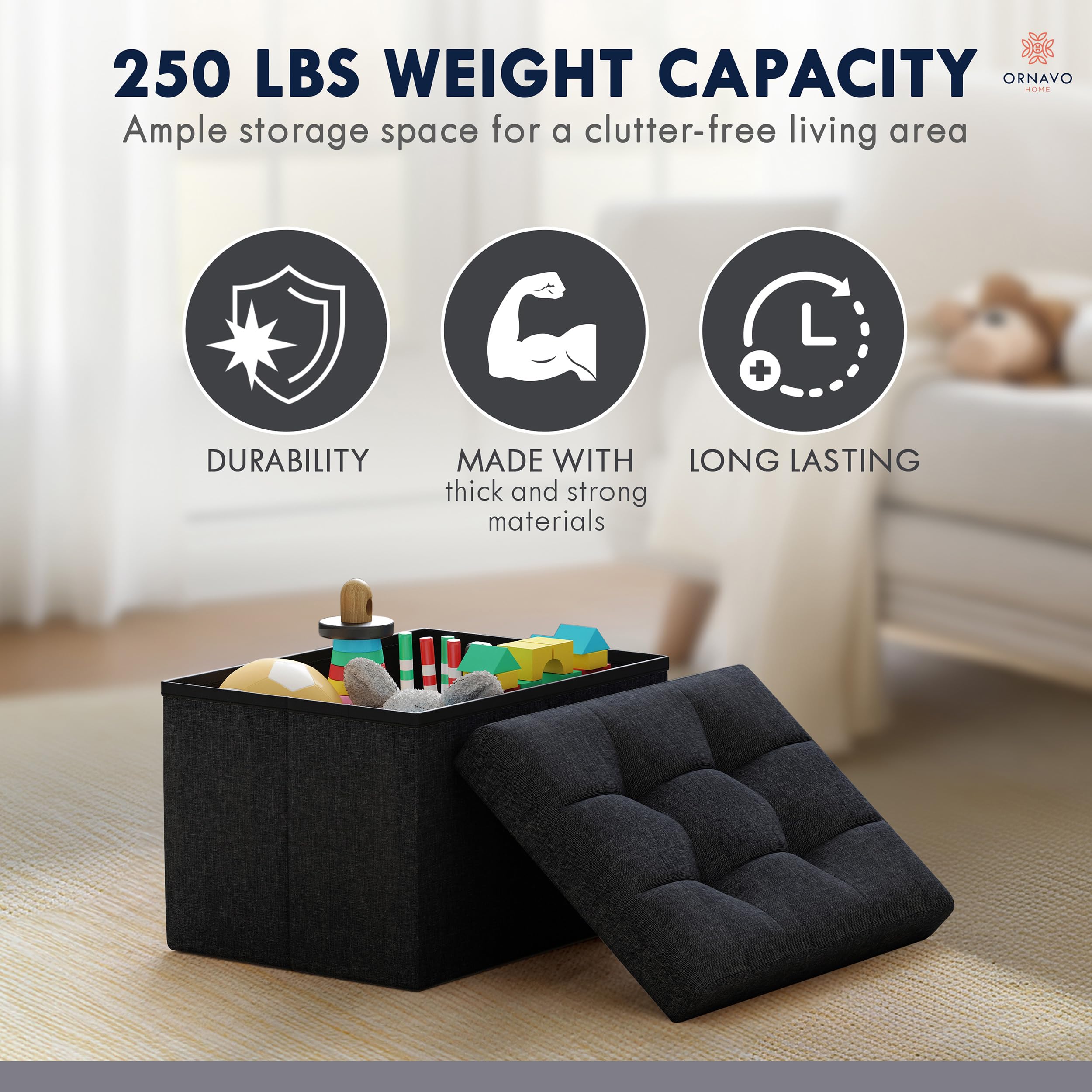 Ornavo Home versatile bedroom or office ottoman keeps essentials organized.