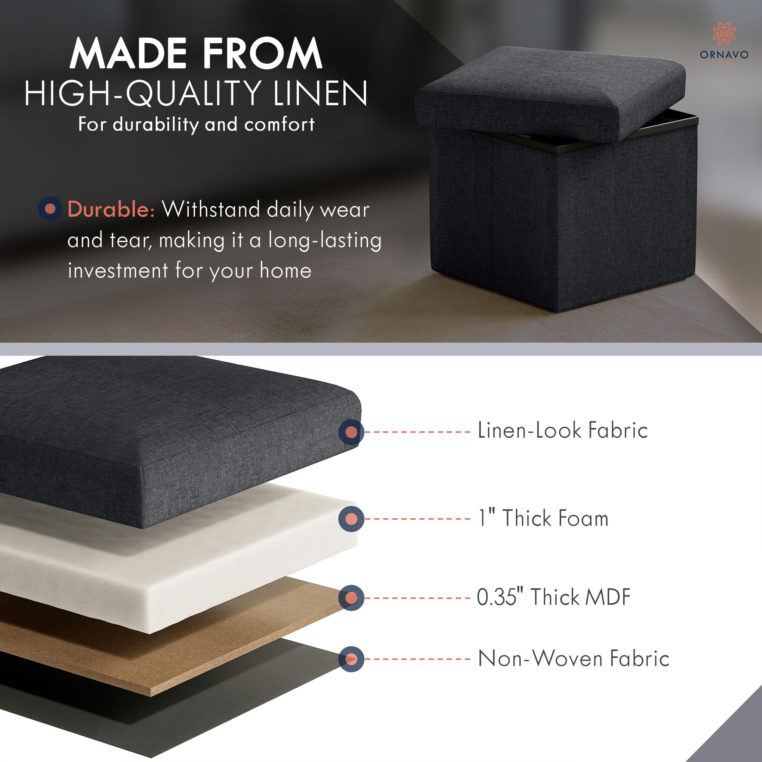 Ornavo Home foldable ottoman flat storage shows space-saving design.