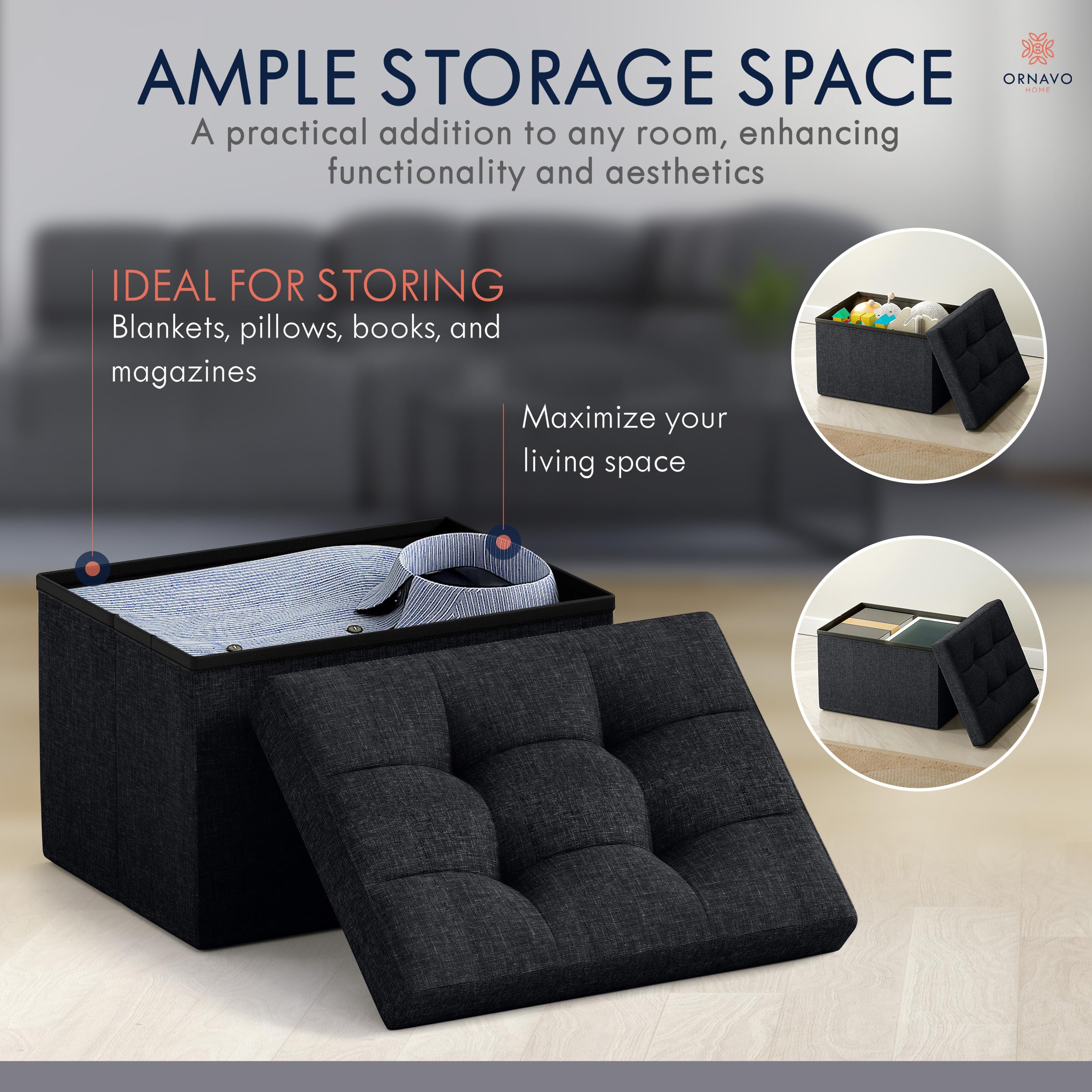 Ornavo Home linen ottoman with cushioned top enhances comfort and foot support.