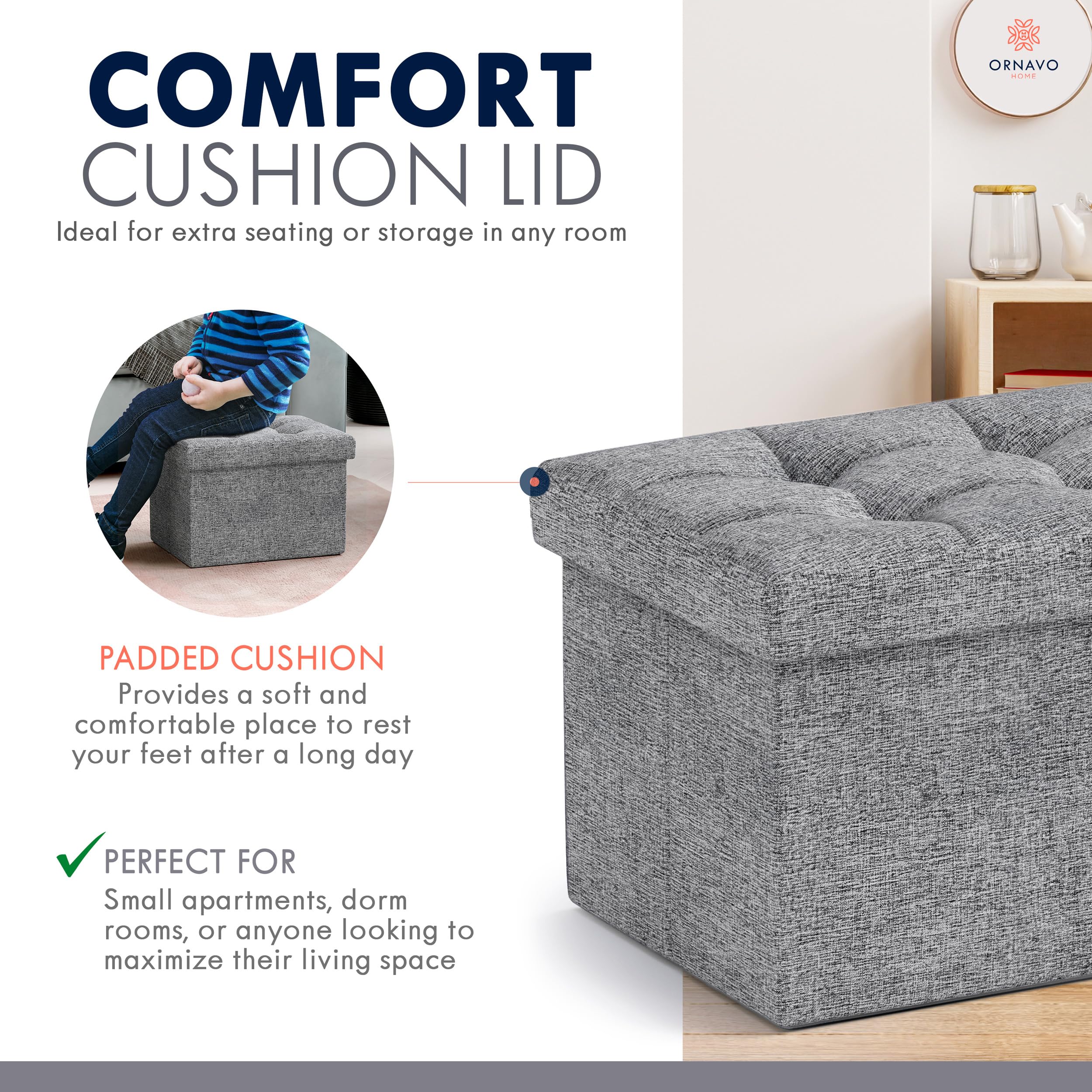 Ornavo Home versatile ottoman doubles as seating in living room settings.