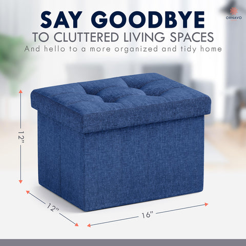Ornavo Home navy linen ottoman used as extra seating in living room.