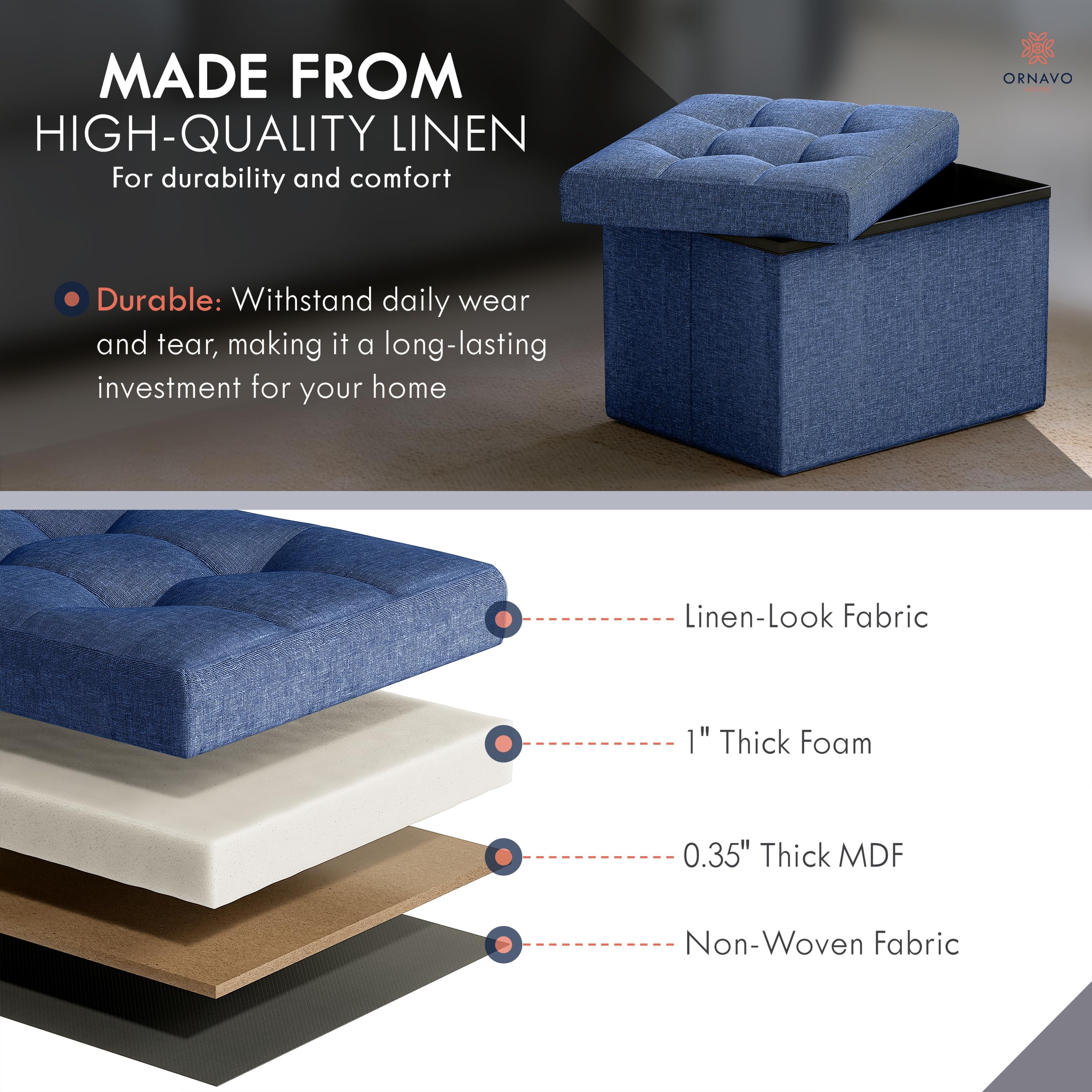 Ornavo Home navy linen ottoman cushion close-up shows soft, padded seat.