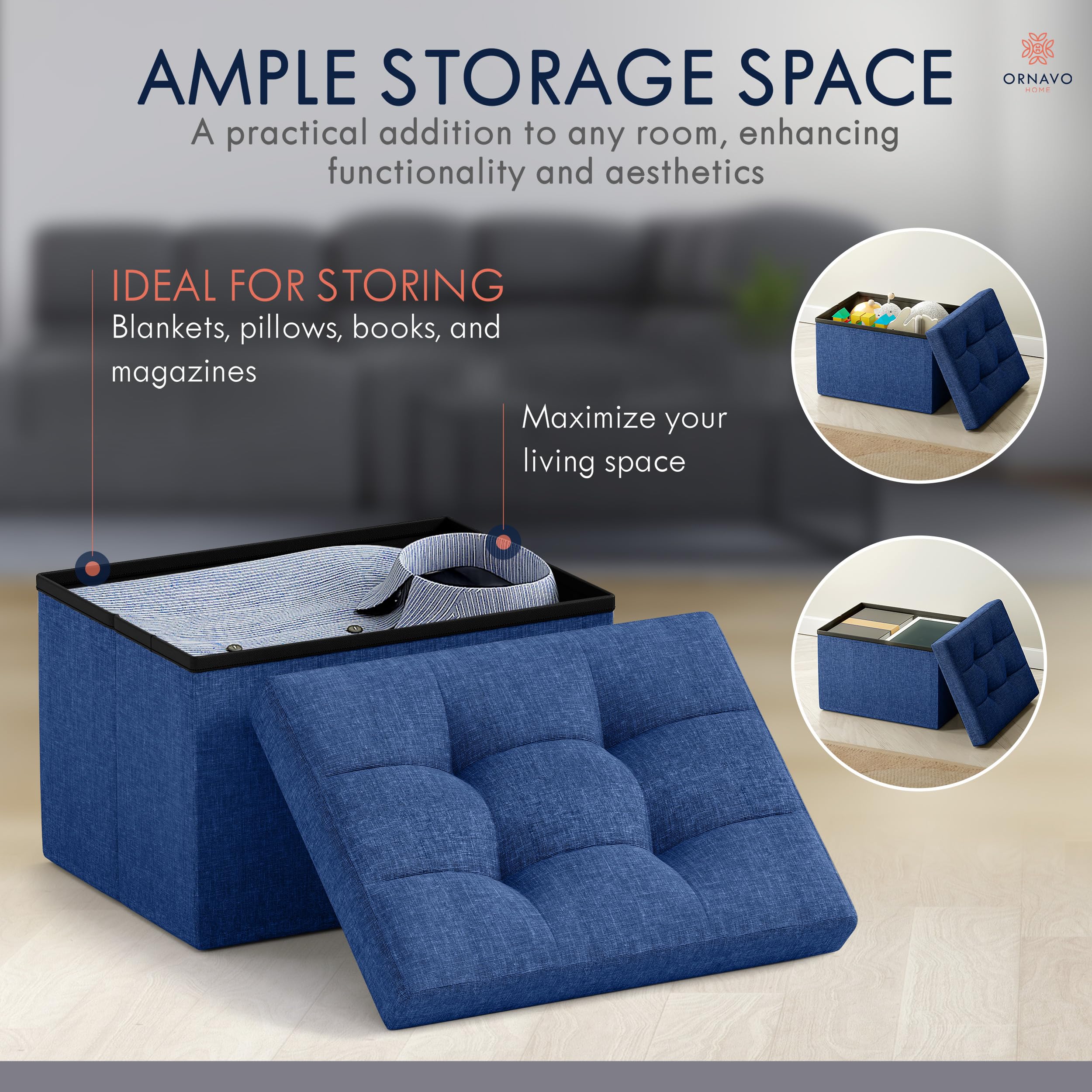 Ornavo Home ottoman opened to reveal spacious interior storage for blankets.