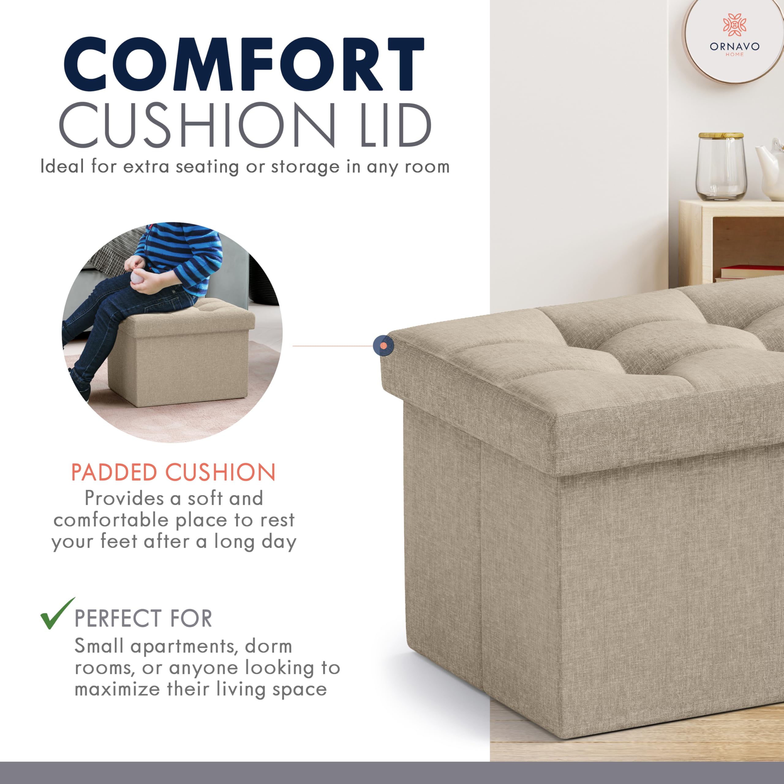 Ornavo Home ottoman in bedroom doubles as a compact stool.