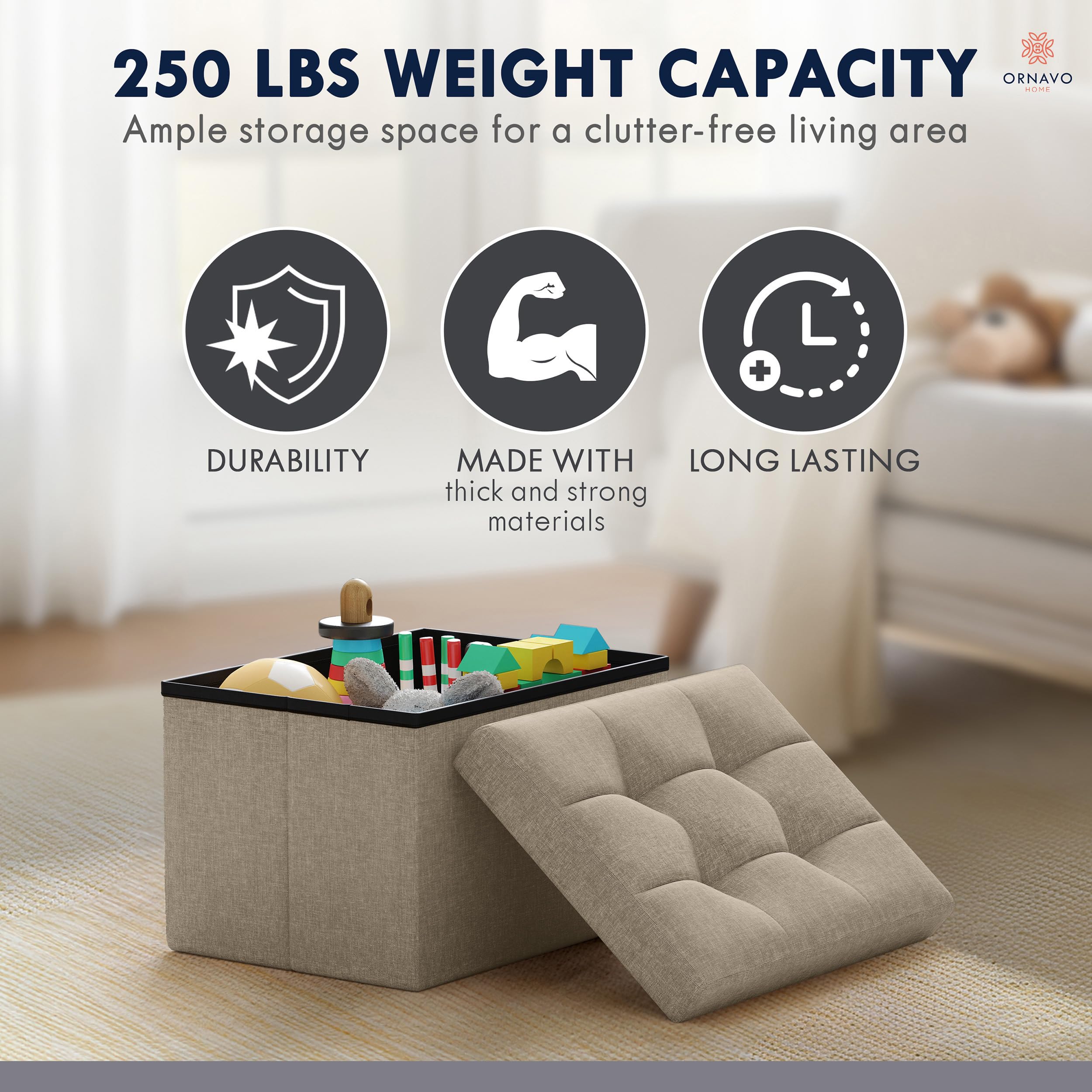 Ornavo Home ottoman features durable linen fabric for daily use.