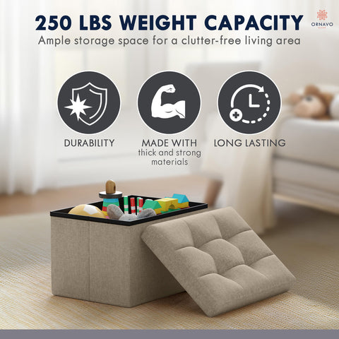 Ornavo Home ottoman features durable linen fabric for daily use.