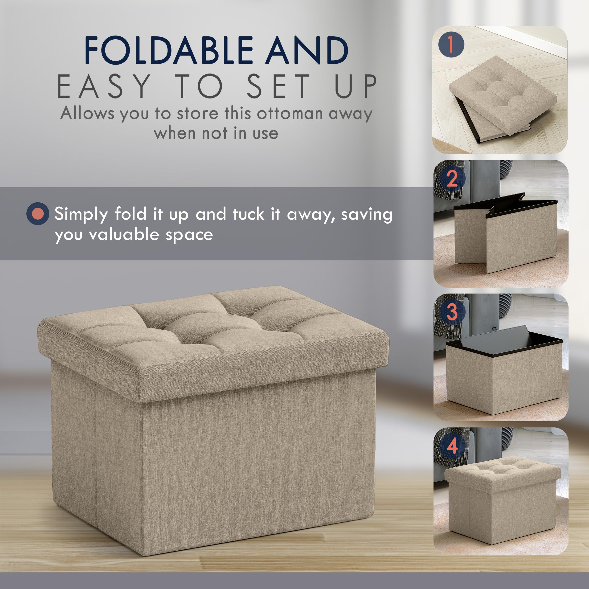 Ornavo Home ottoman folded for space-saving storage in small rooms.