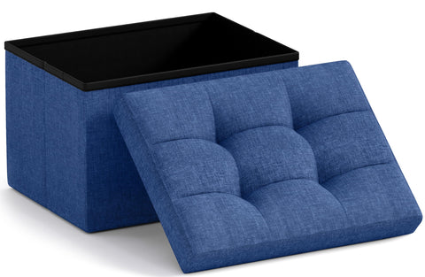 Ornavo Home small storage ottoman in navy blue with folded lid for clutter-free spaces.