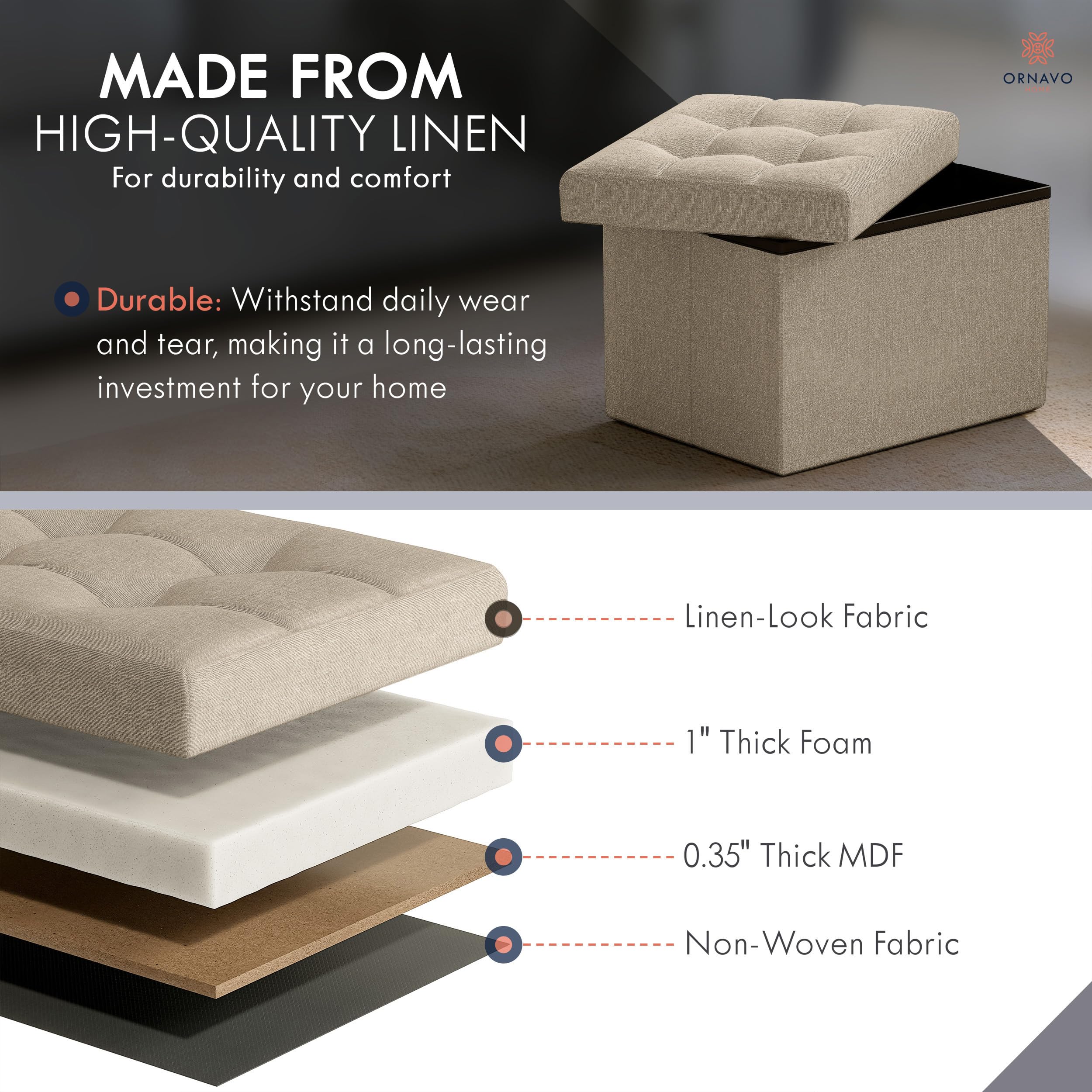Ornavo Home ottoman open storage compartment keeps blankets and magazines organized.