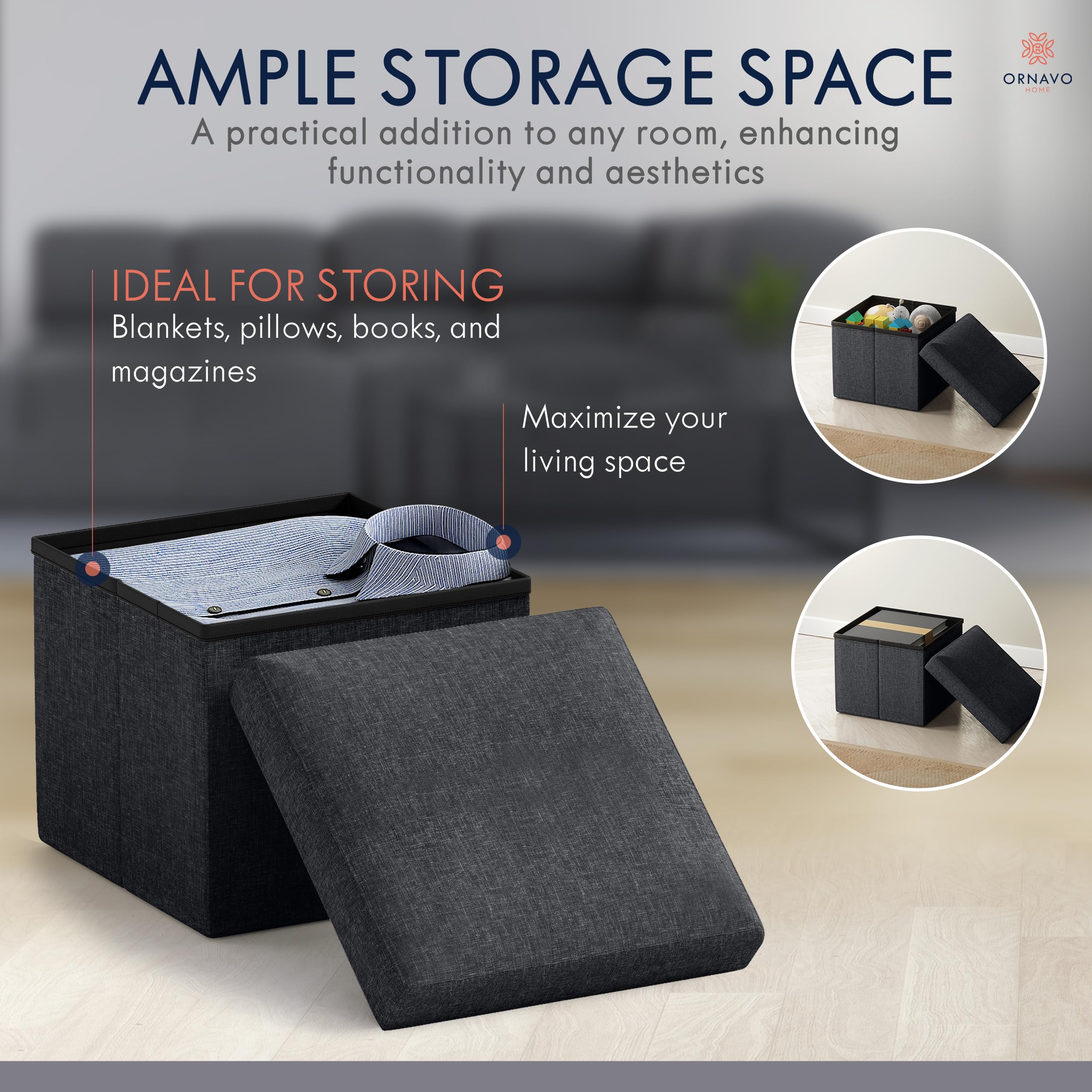 Ornavo Home storage ottoman interior blankets-pillows offers concealed storage on demand.