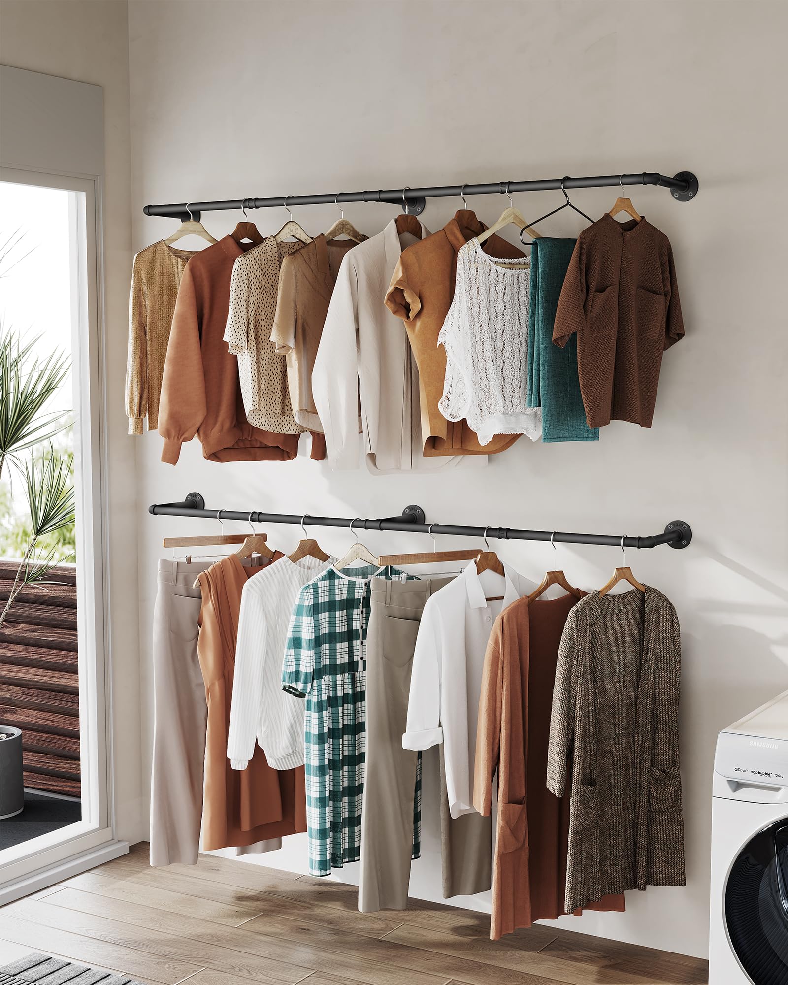 OROPY clothes rack in laundry room demonstrates versatile storage and hanging.