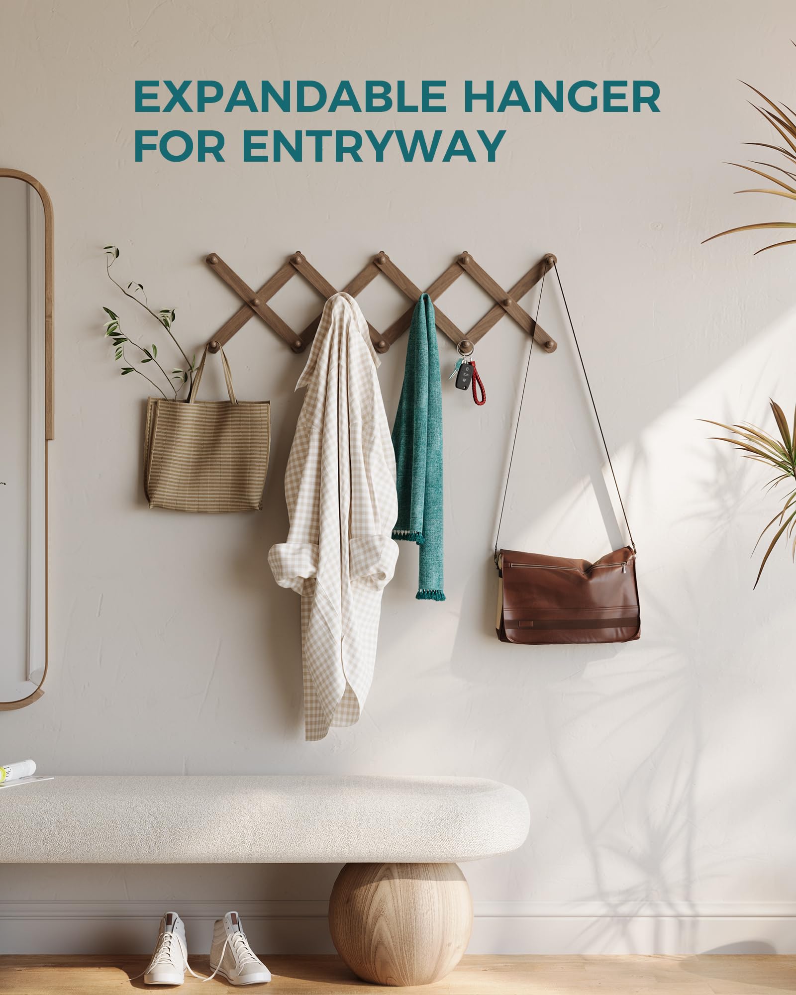 OROPY expandable coat rack wall mount in walnut finish.