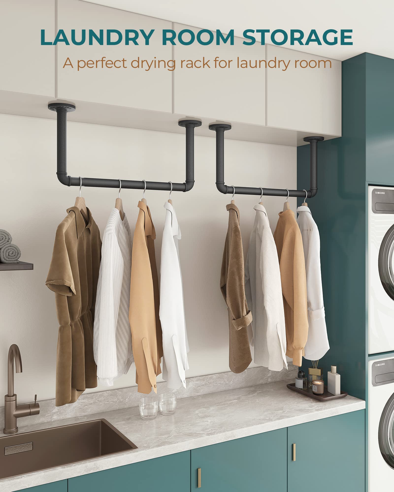 OROPY Industrial Pipe Clothes Rack black finish supports up to 100 lbs when solidly mounted.