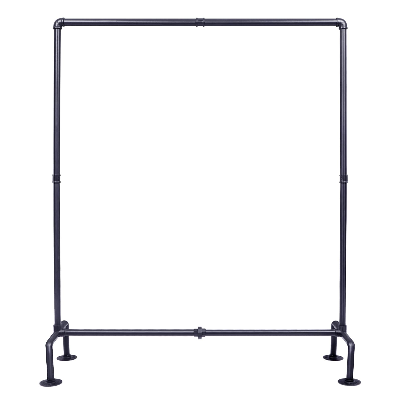 OROPY industrial pipe clothes rack front view shows sturdy four-foot base for stability.