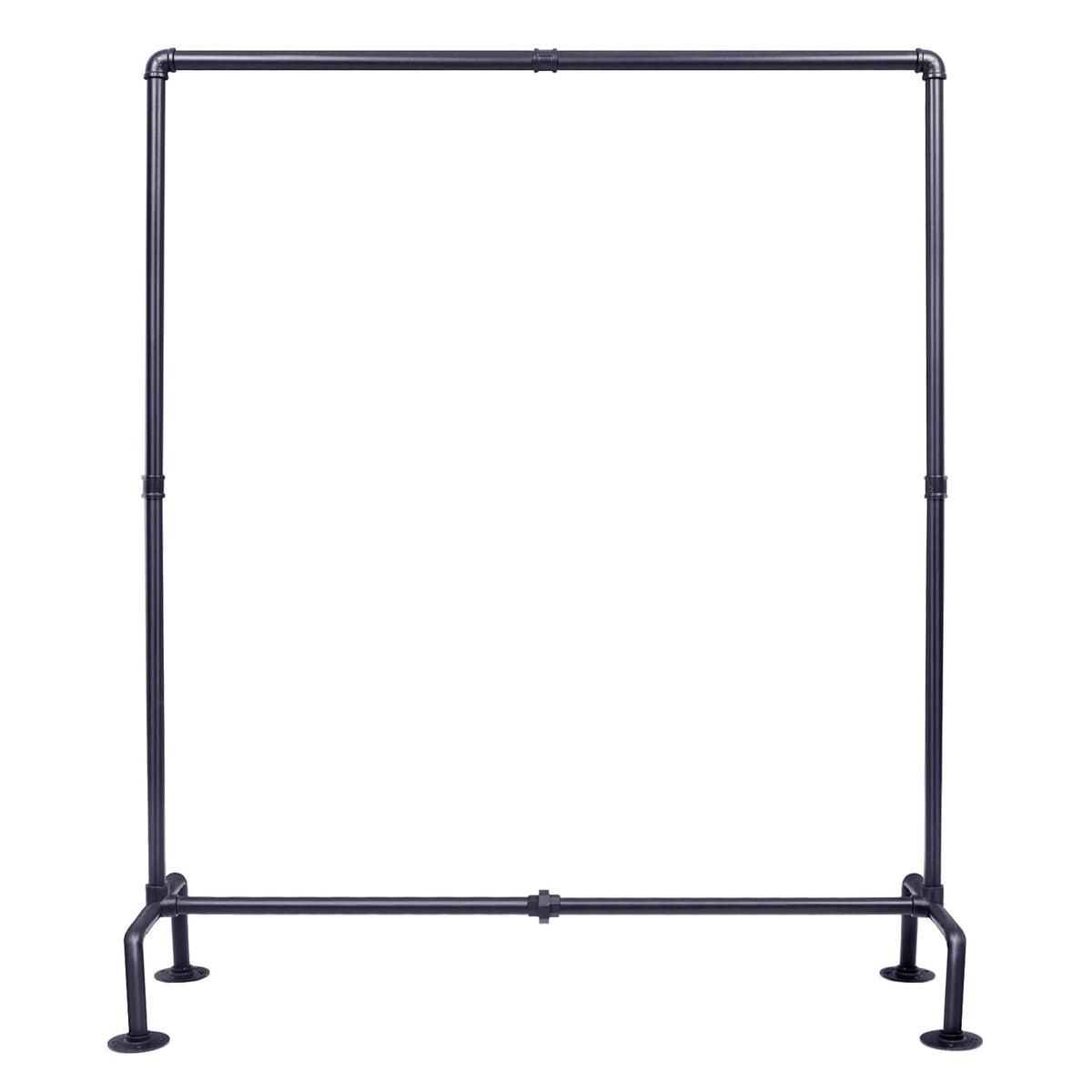 OROPY industrial pipe clothes rack front view shows sturdy four-foot base for stability.