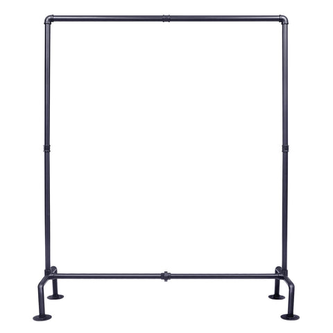OROPY industrial pipe clothes rack front view shows sturdy four-foot base for stability.