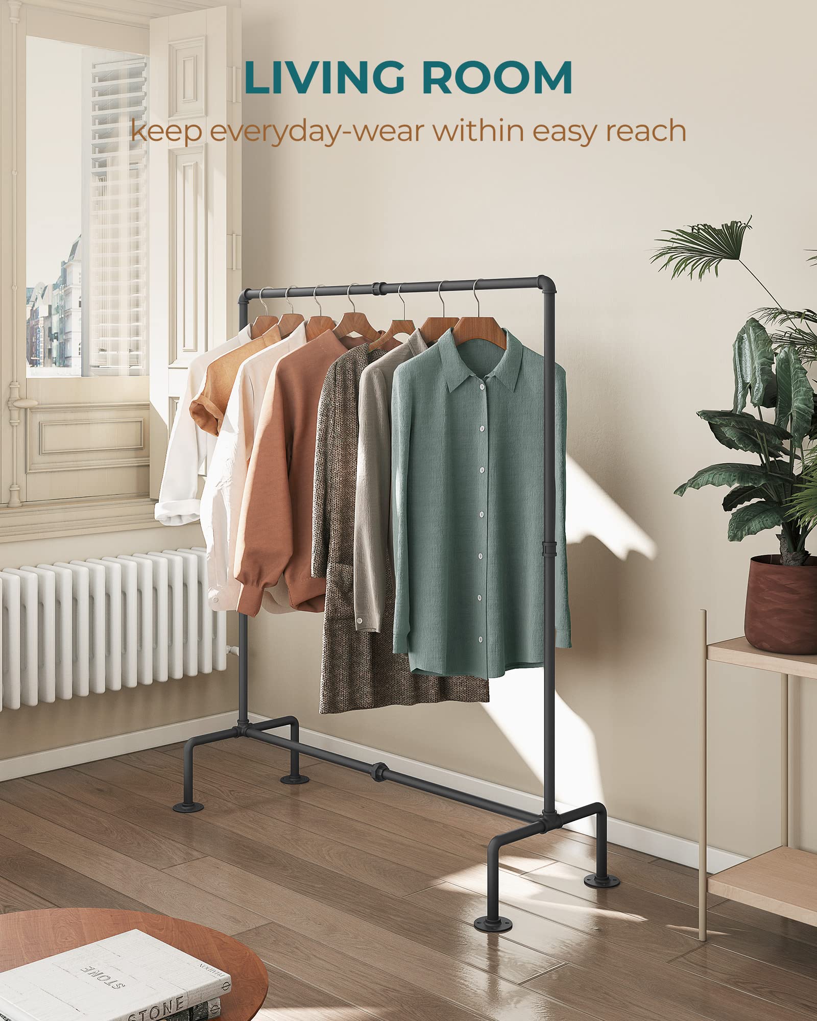 OROPY industrial pipe clothes rack side view highlights free-standing design.