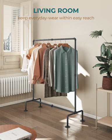 OROPY industrial pipe clothes rack side view highlights free-standing design.