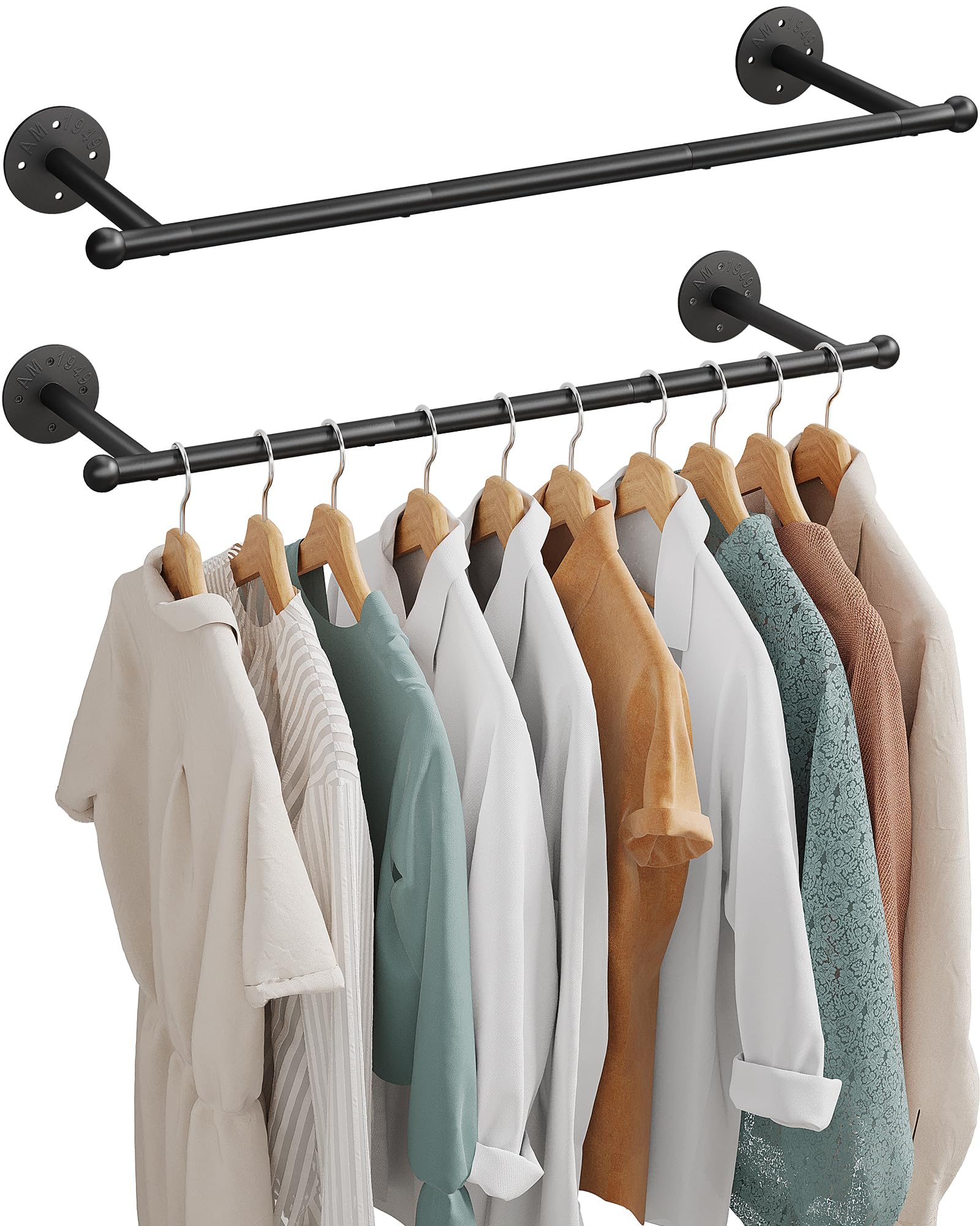 OROPY industrial pipe clothing rack front view showing sturdy hanging solution