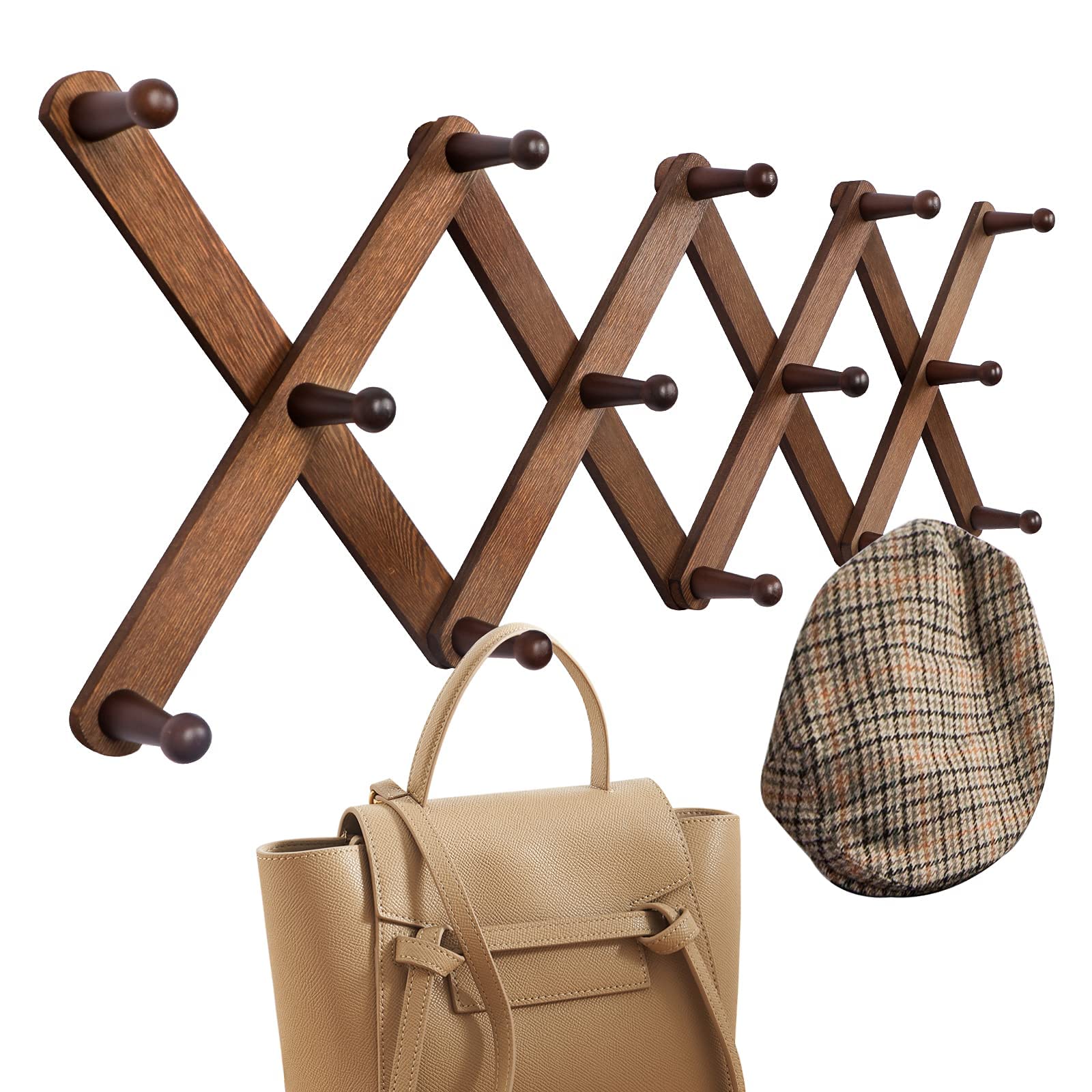 OROPY wood accordion wall hanger with 14 pegs for coats and hats.