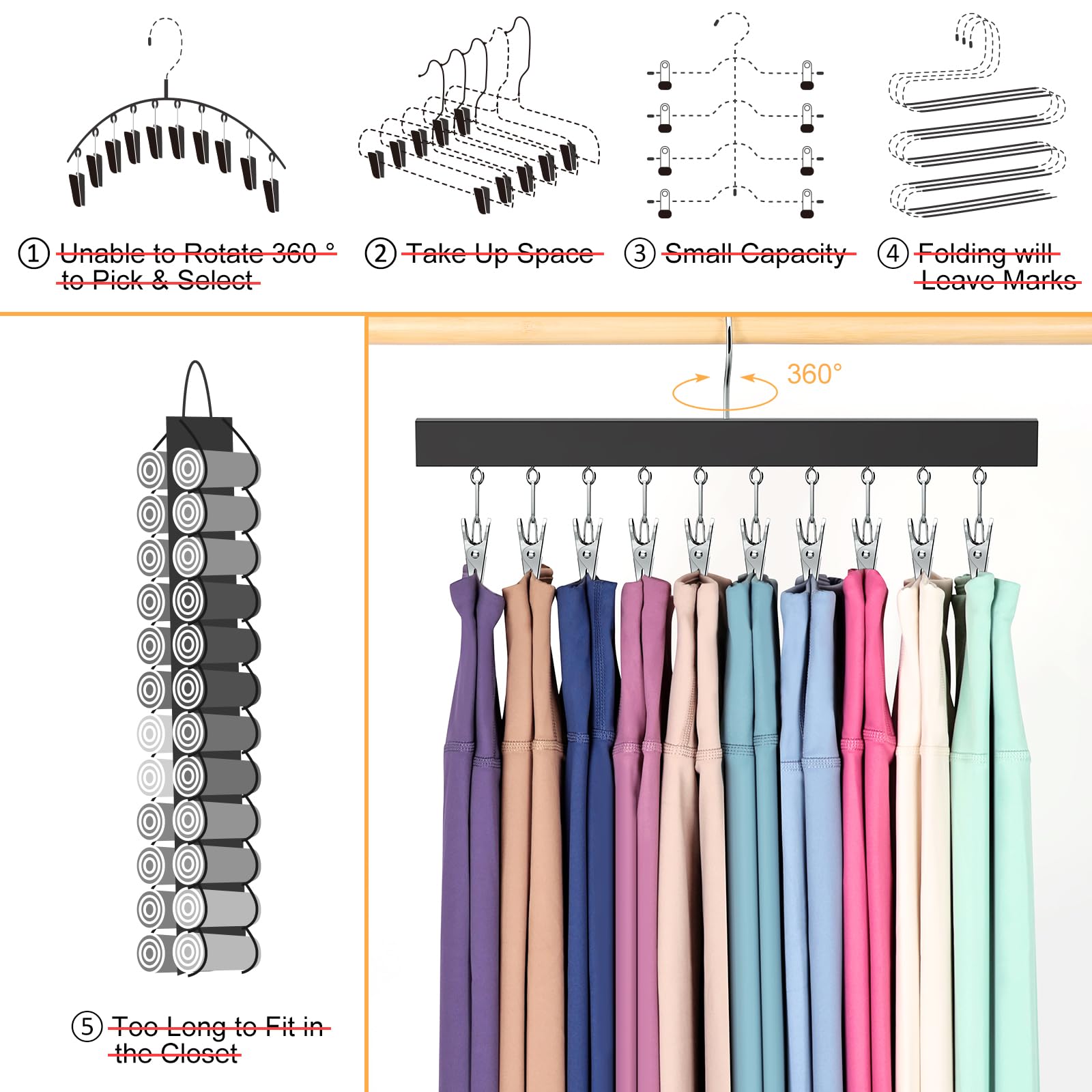 ORROENS 360-degree rotating pants hangers for quick outfit selection and clutter-free closets.