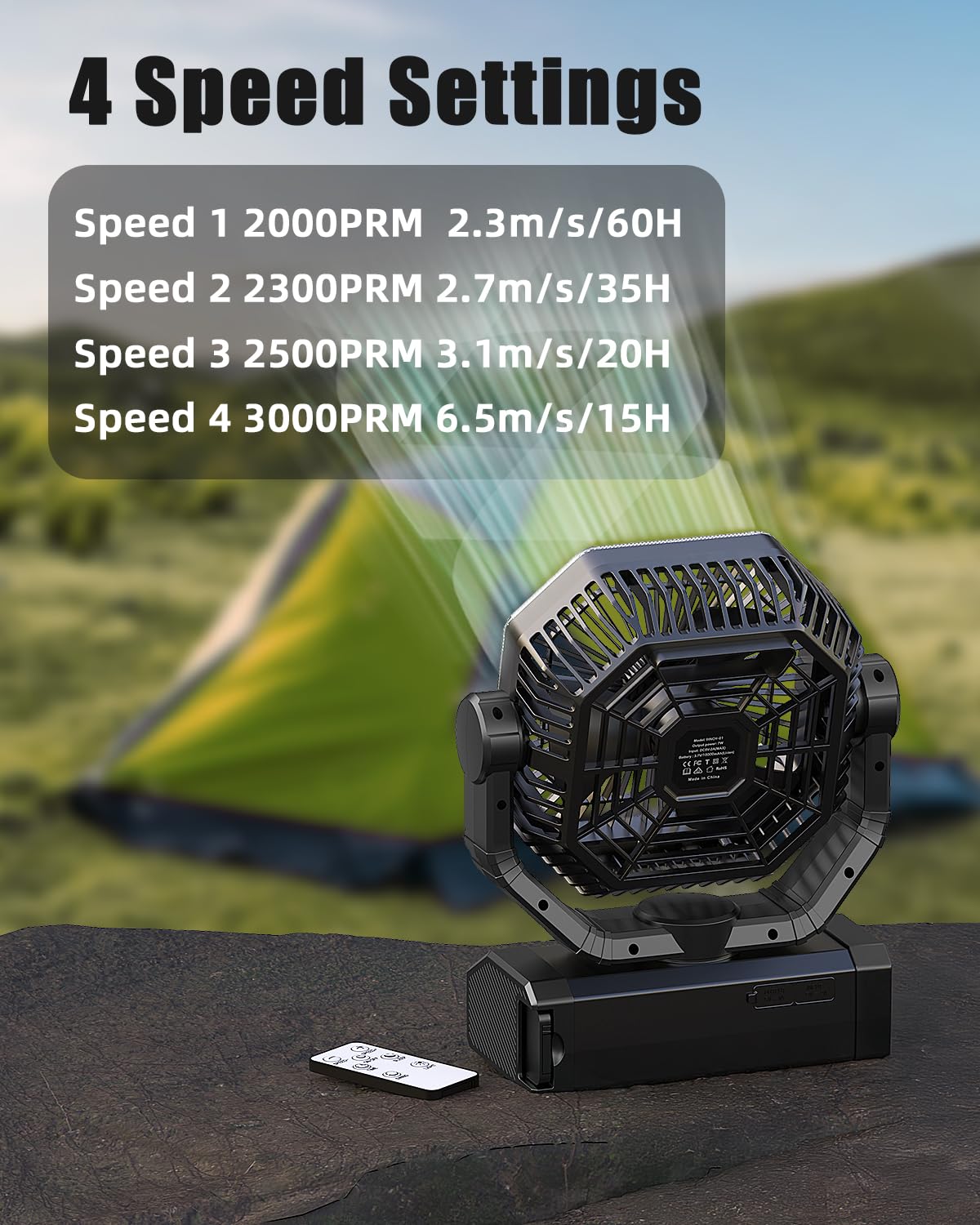 Orteen camping fan with remote control for easy tent operation.