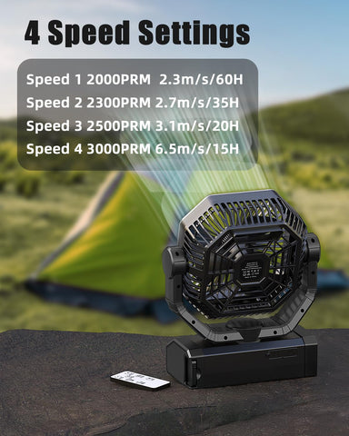 Orteen camping fan with remote control for easy tent operation.