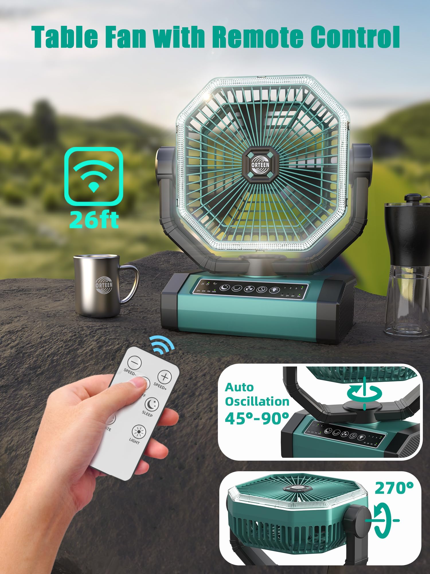 Orteen portable fan with 60-hour battery life for extended camping