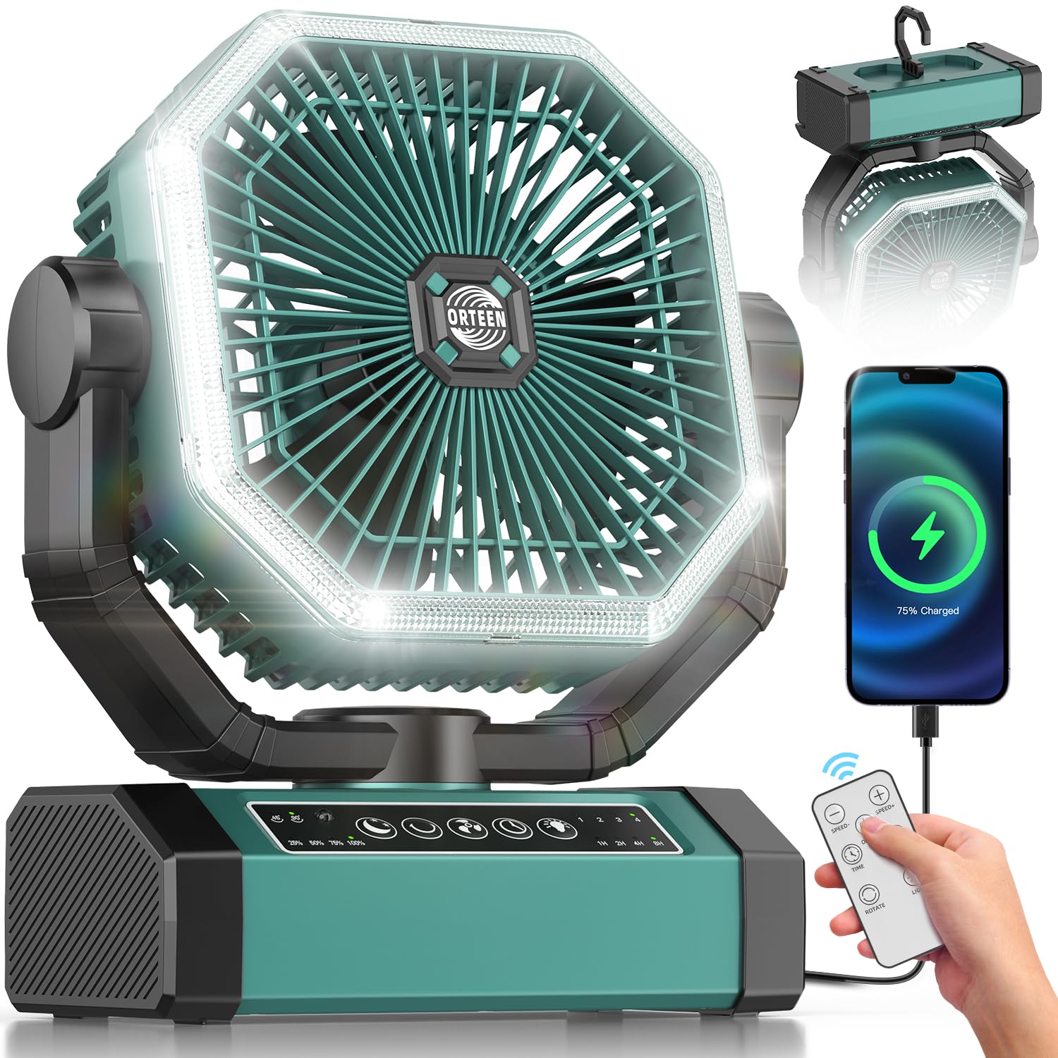 Orteen portable fan nine-inch in use delivering cool air in a camping setting