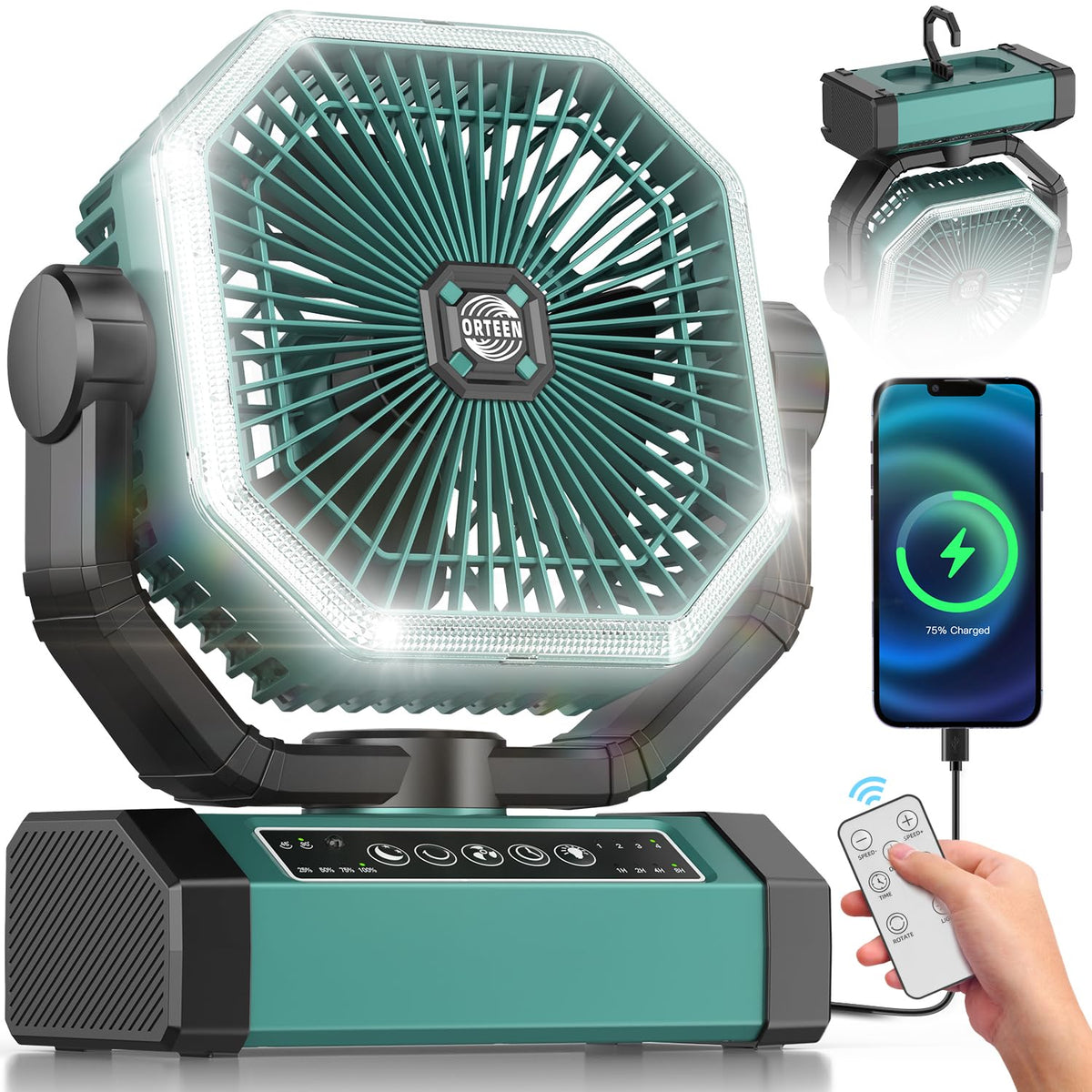Orteen portable fan nine-inch in use delivering cool air in a camping setting