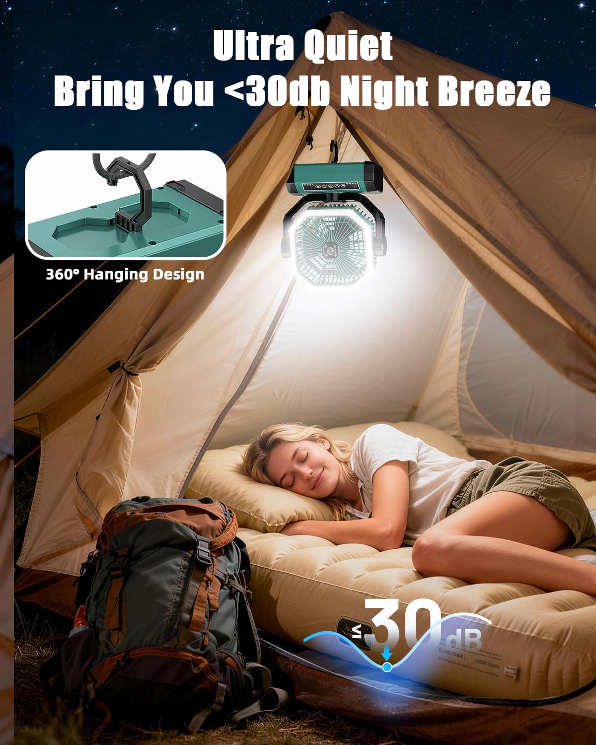 Orteen portable fan featuring built-in LED light for night use